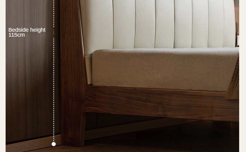 Premium Black Walnut Solid Wood Bed with Genuine Leather Upholstery - USB Charging Ports Included - Perfect for Master Bedrooms & Guest Rooms