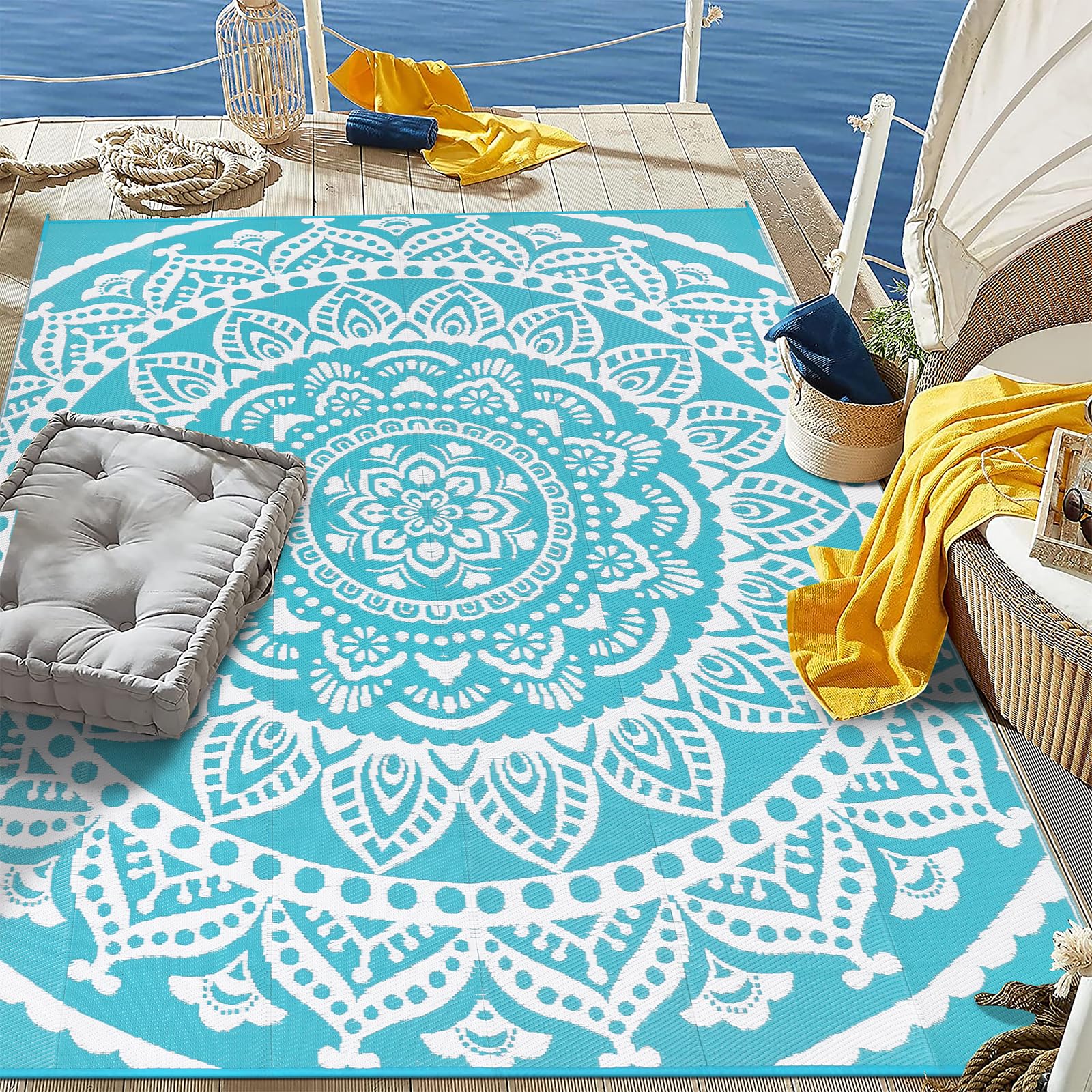 Bsmathom 6x9 Outdoor Plastic Straw Rug - Large Waterproof Reversible Mat for Patio, Camping, RV, Picnic, Beach, Backyard & Pool Deck - Durable & Portable Teal Rug for Outdoor Decor & Summer Gatherings