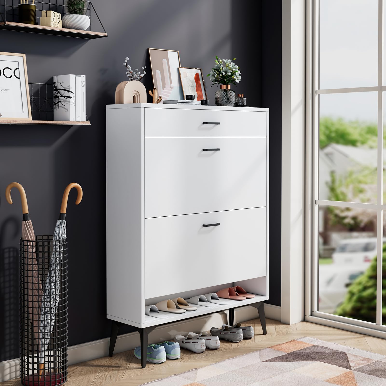 White Narrow Shoe Storage Cabinet with Drawer - 4 Tier Flip Down Shoe Rack Organizer for Entryway, Hallway & Living Room | Space Saving Wooden Shoe Shelf for Apartments & Small Spaces | Perfect for Organizing Sneakers, Boots & Home Essentials