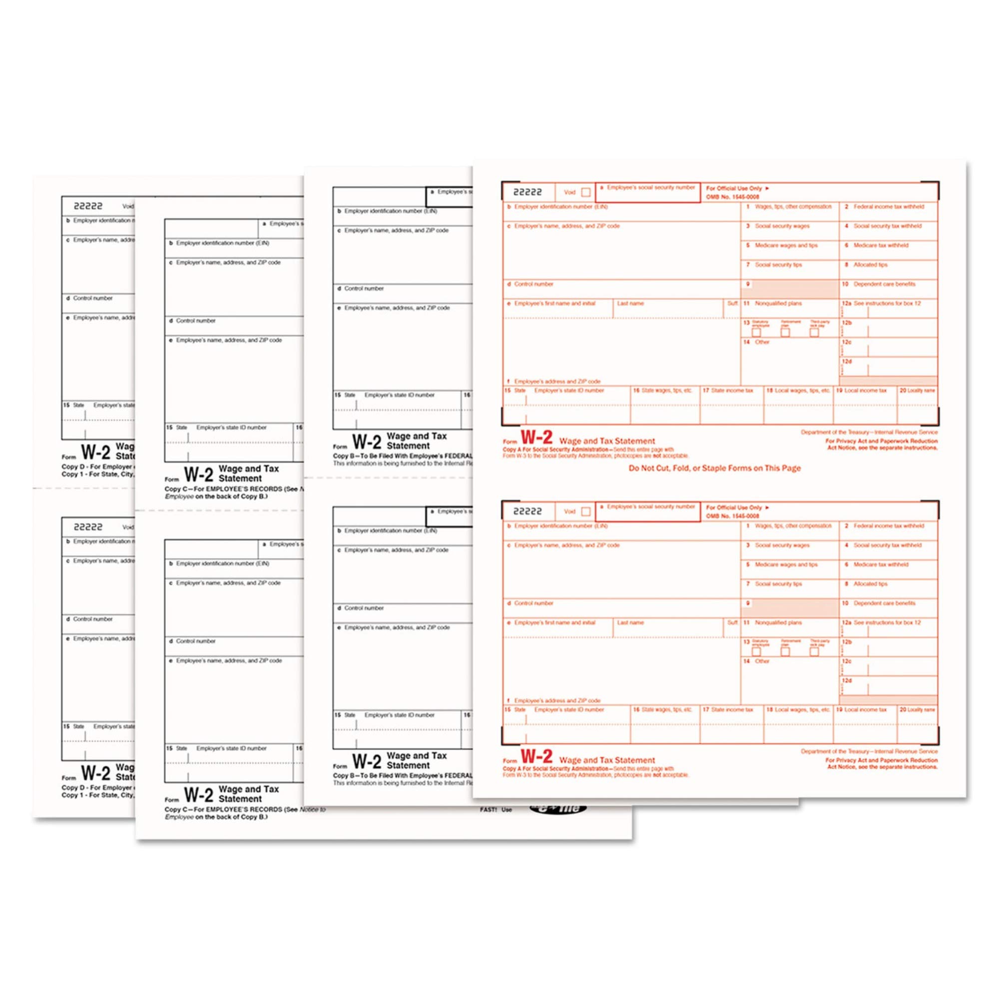 IRS Form W-2 Laser Printer Paper - 4-Part Carbonless - Pack of 50 Sheets - Perfect for Payroll, Tax Filing & Small Business Accounting