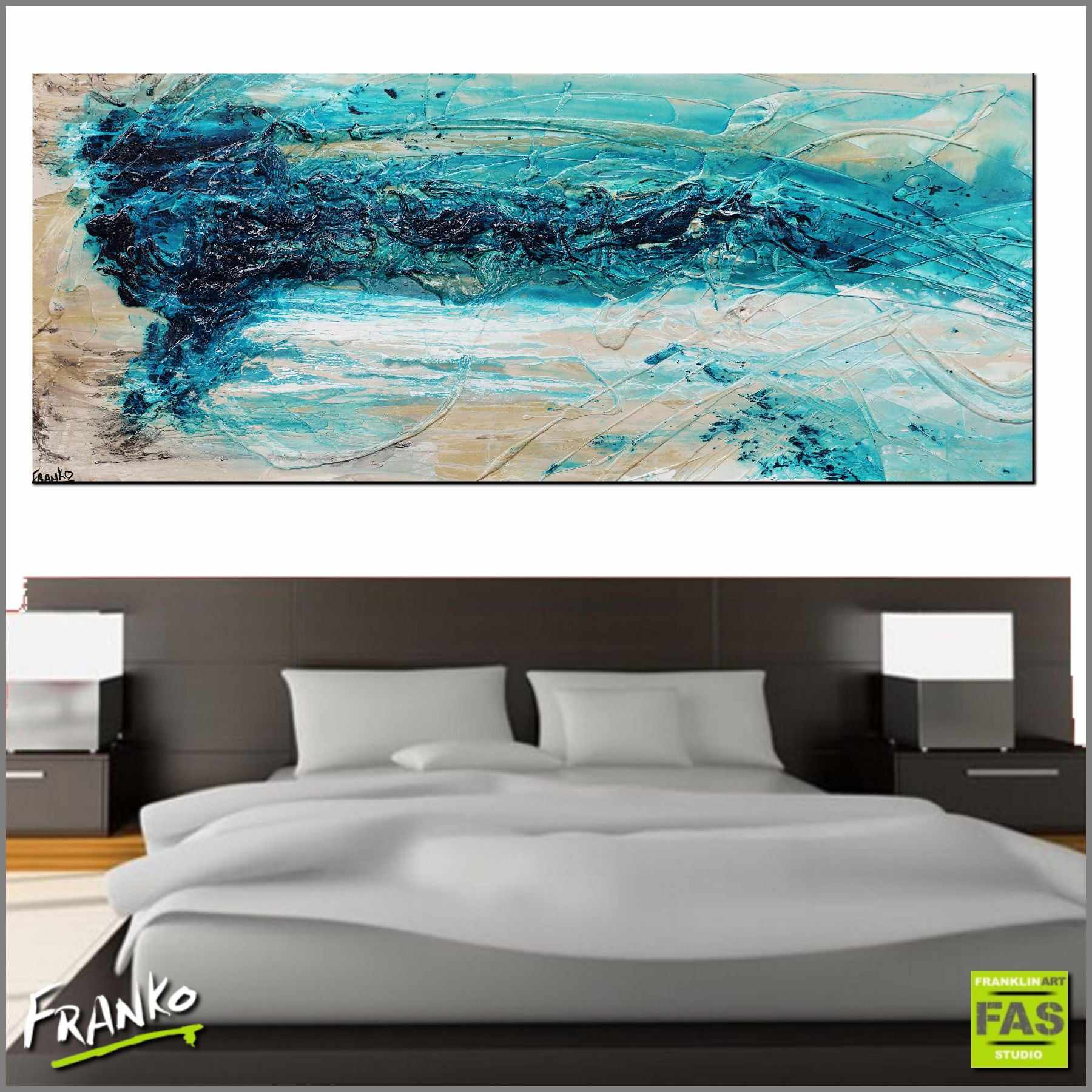 200cm x 80cm Turquoise White Textured Abstract Ocean Painting - Coastal Wall Art for Living Room, Bedroom & Office Decor