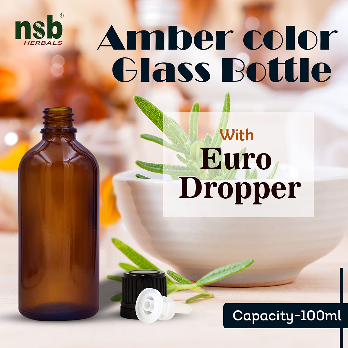 NSB Herbals 100ml Amber Round Empty Glass Bottle with Euro Dropper & Black Cap - Refillable, Reusable, Leak Proof Essential Oil Bottles for DIY Perfumes, Face Oils & Aromatherapy Blends (Pack of 3) - Perfect for Home Spa, Gift Making & Travel Size Storage
