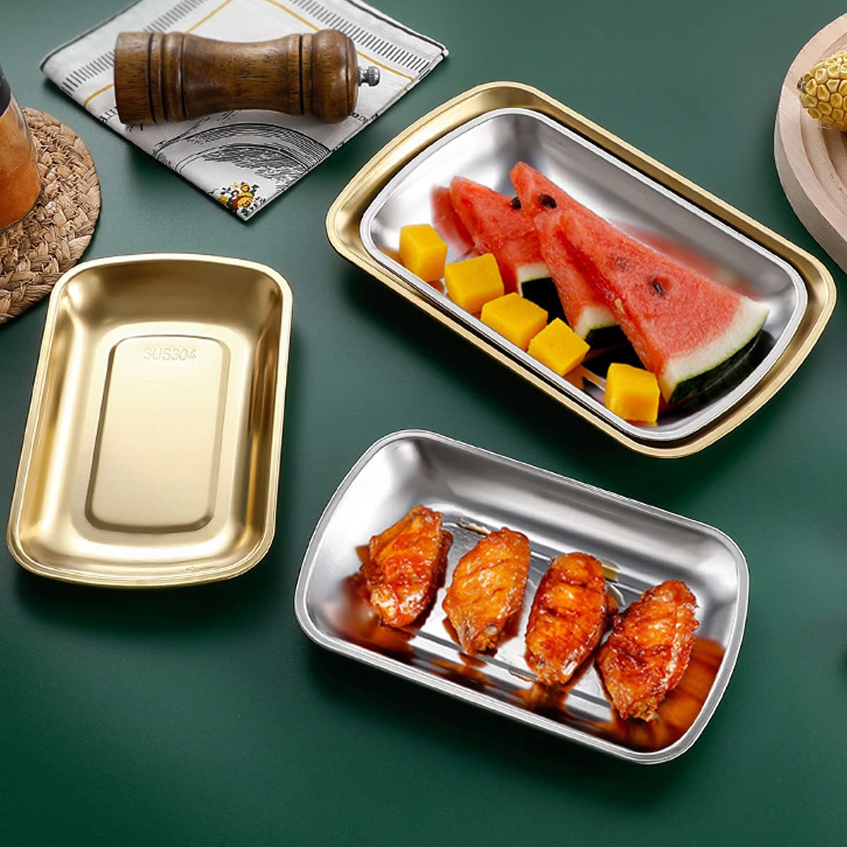 3-Piece Stainless Steel Dinner Plate Set - 304 Food-Grade Rectangular Metal Plates for Adults & Kids (7.1