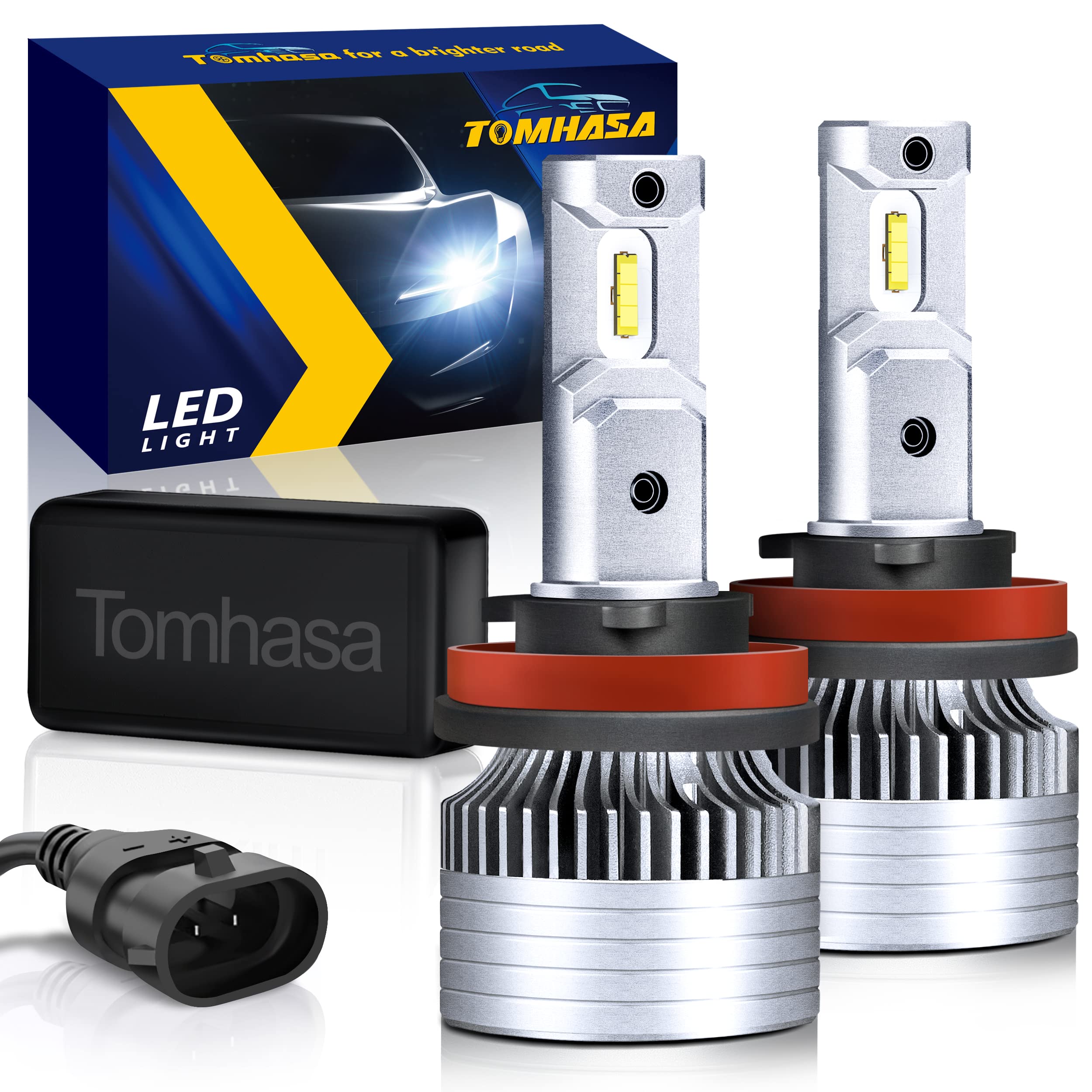 Tomhasa H8/H9/H11 LED Headlight Bulbs Conversion Kit - 6500K Xenon White 300% Brighter 7200LM Per Set with Silent Cooling Fan - Plug-and-Play H11 LED Fog Light Bulbs (Pack of 2) - Perfect for Night Driving & Off-Road Vehicles