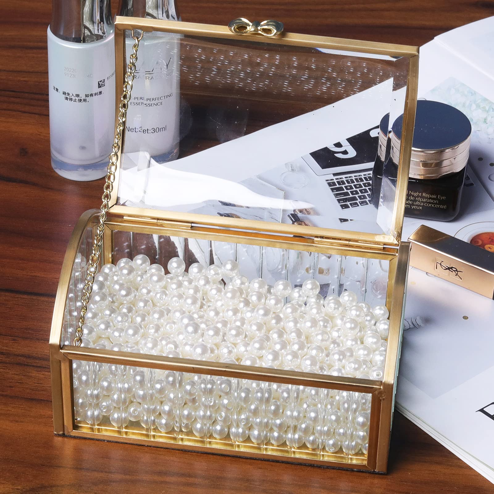 LONGSHENG Gold Jewelry Trinket Box - Glass Decorative Storage Box for Bracelets, Necklaces, Rings & Watches - Large Cosmetic Organizer for Vanity, Dresser & Travel Since 2001