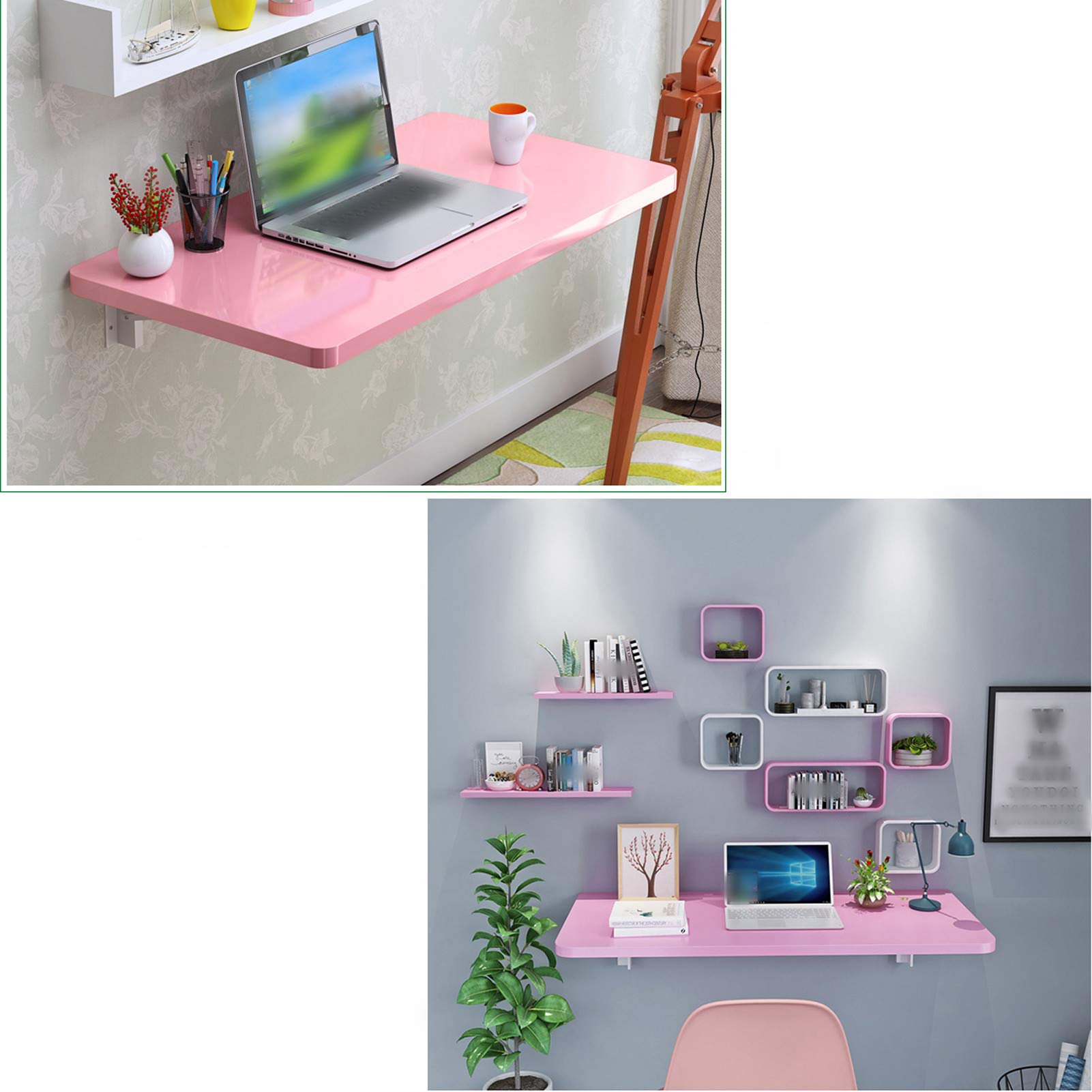 Space Saving Folding Wall Mounted Drop-Leaf Table with Shelves - Floating Cafe Dining Table for Home Office, Living Room & Bedroom - Wooden Hanging Computer Desk & Bookshelf Bar Table - Pink (110x60cm/43x24in) - Perfect for Small Apartments, Coffee Shops & Workspaces