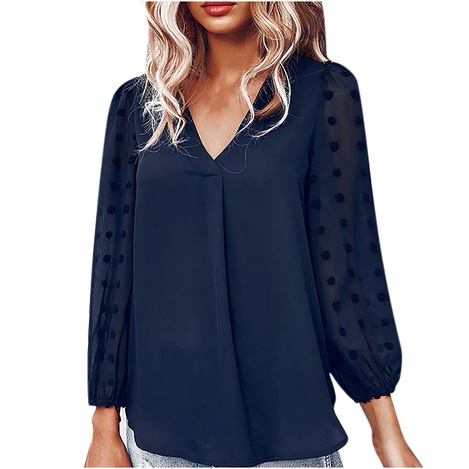Women's Long Sleeve Sheer Mesh Blouse - Lantern Sleeve V-Neck Chiffon Top with Swiss Dot Pattern | Casual Work Shirt for Office, Date Night & Spring Outfits