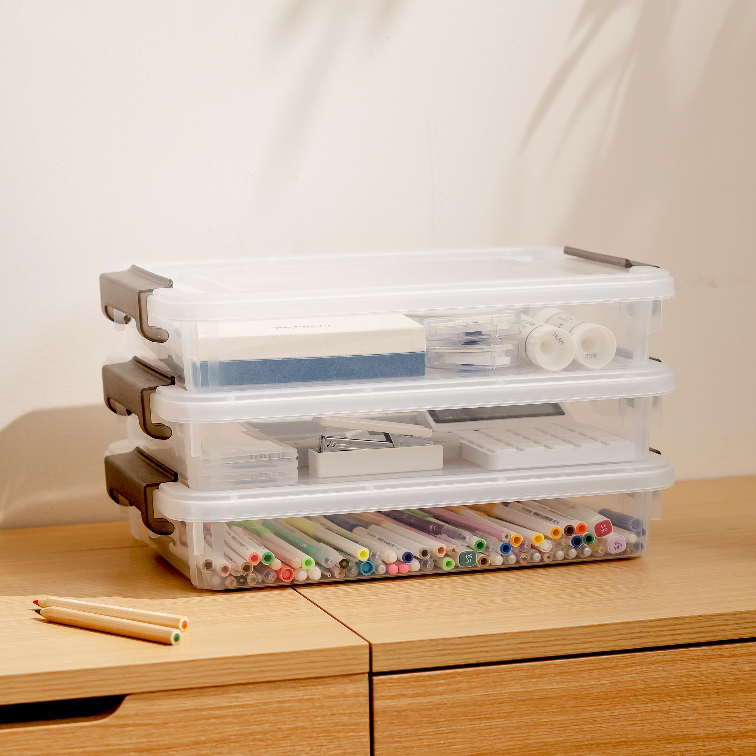 3-Piece Clear Plastic Storage Bins with Latching Lids - Stackable A4 File Box Organizer for Documents, Photos, Scrapbooks | Portable Project Case for Office, Home & Craft Room Organization