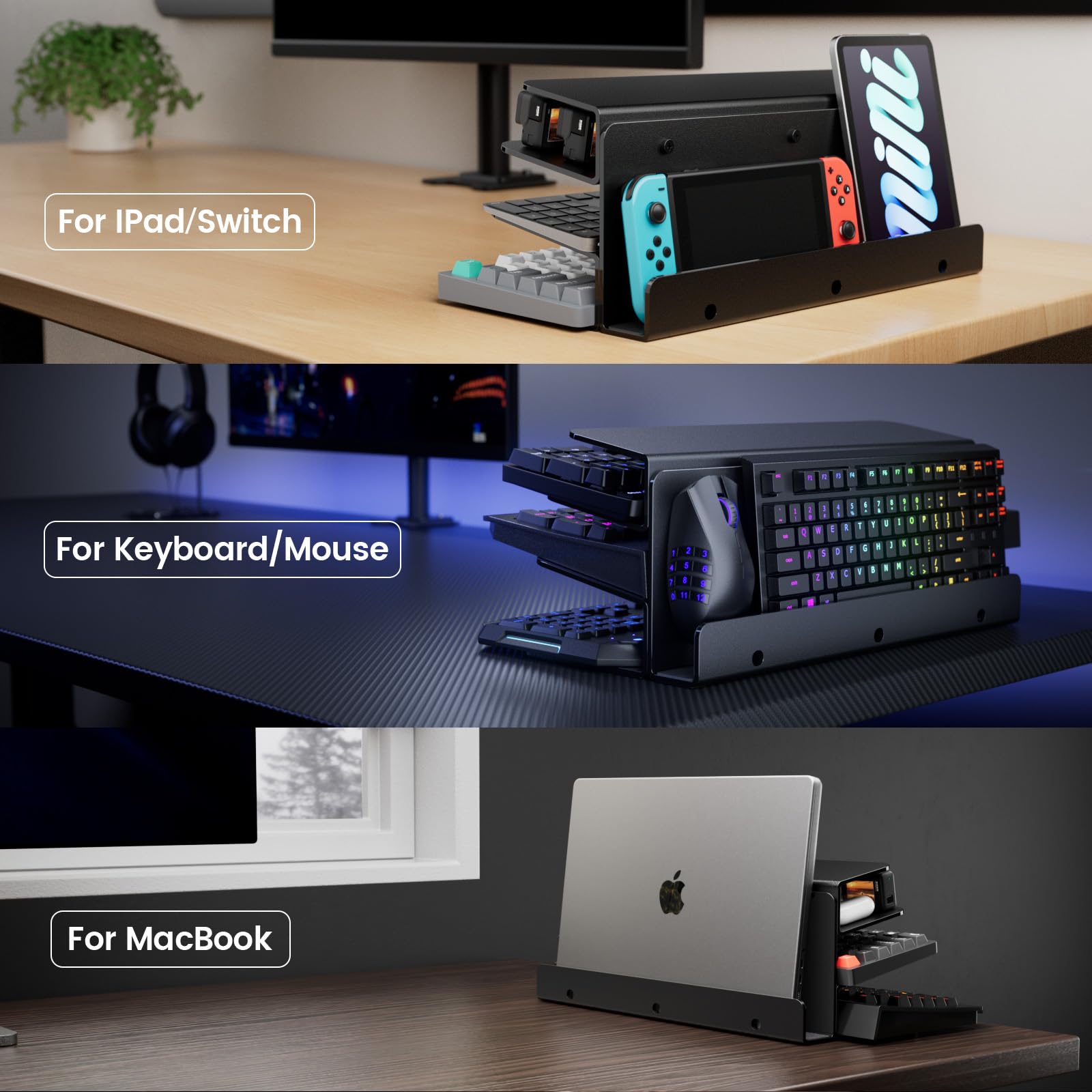 3-Tier Acrylic Keyboard and Mouse Storage Rack - Gaming Gear Organizer Stand with Ultra Black Design | Perfect for Desk Organization, Gaming Setup, and Office Accessories Display