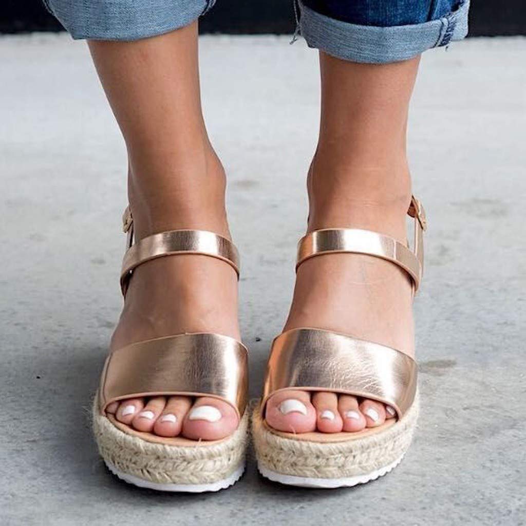 Women's Wide Width Wedge Sandals with Ankle Buckle - 2020 Fashion Summer Beach Sandals, Open Toe Espadrille Platform Shoes for Casual Outings & Vacation Wear