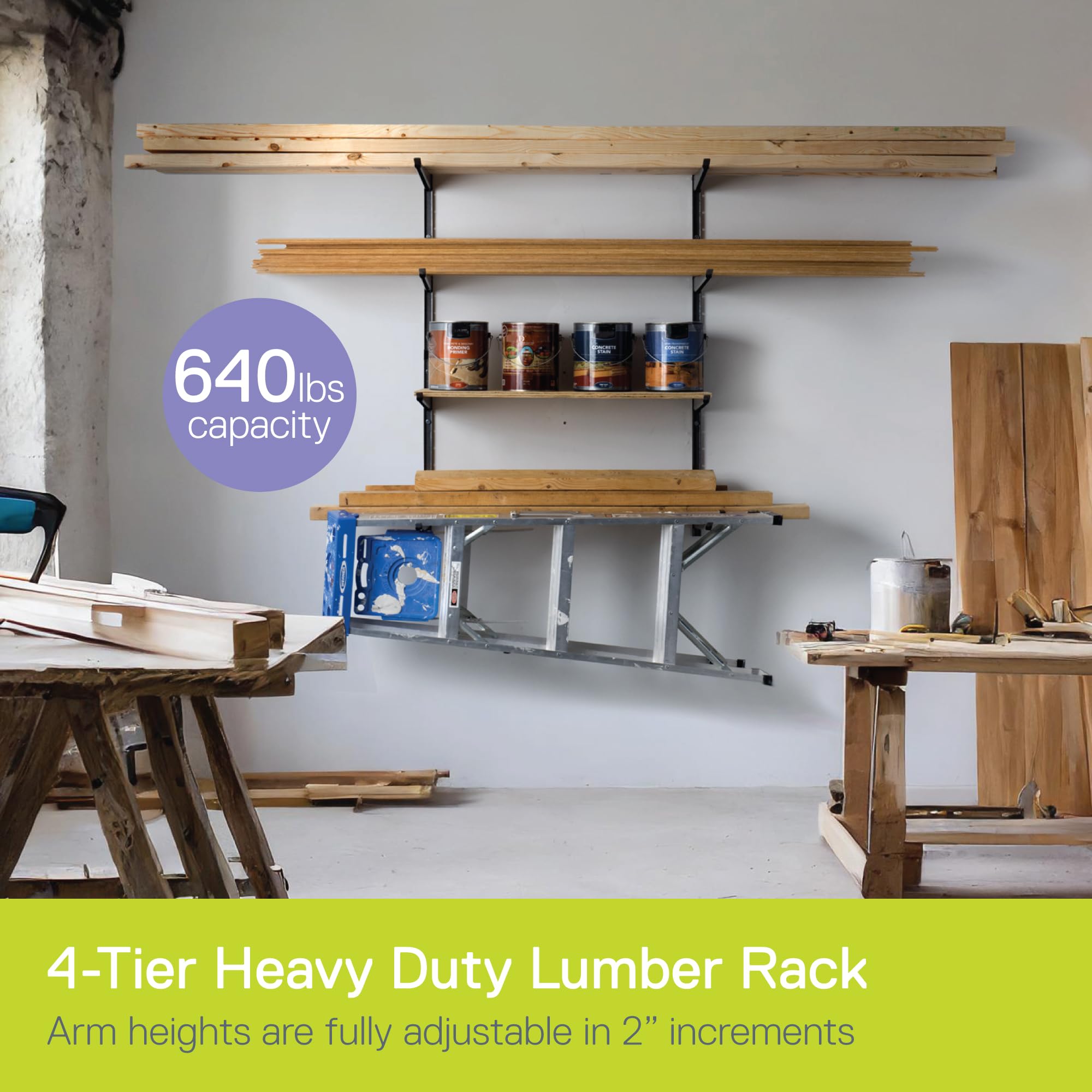 Delta Cycle Heavy Duty 4-Tier Steel Lumber Rack - Adjustable Wood Storage Shelf for Garage, Basement & Pantry - Holds 640 lbs - Perfect for Organizing Firewood, Plywood & DIY Materials