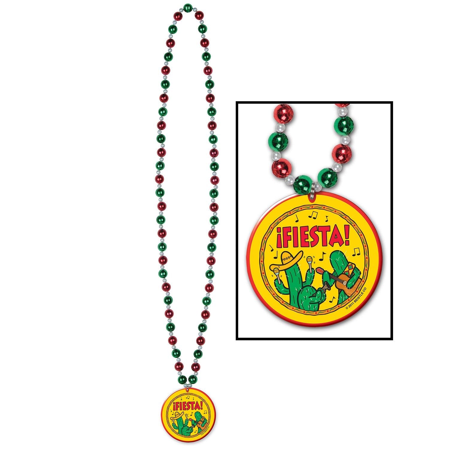 12 Pack Beistle Fiesta Bead Necklaces with Medallion - Bulk Party Favors for Mardi Gras, Cinco de Mayo, Birthday Celebrations & Festive Events