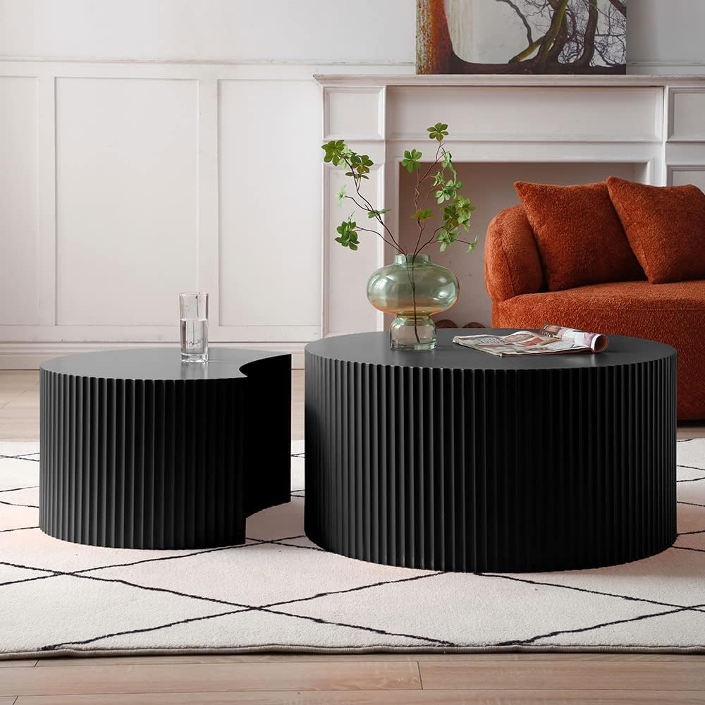 JUSTONE 2-Piece Nesting Coffee Table Set - Modern Matte Black Round Drum Side Tables for Living Room, Apartment, Bedroom - Space-Saving End Tables for Small Spaces & Home Decor (Black) | Perfect for Coffee, Books & Living Room Essentials