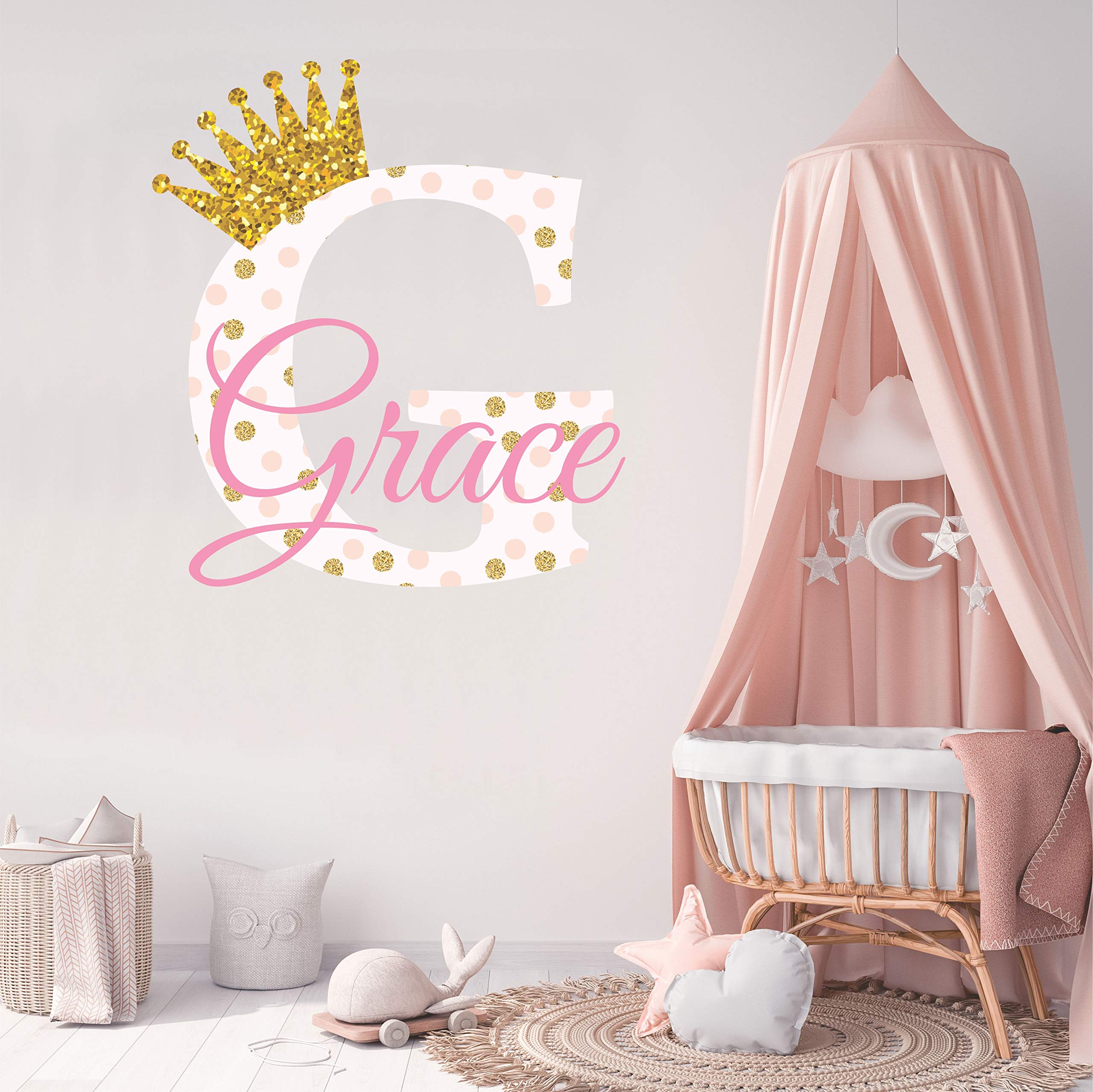 Personalized Polka Dot Initial and Glitter Crown Wall Decal for Girls Nursery - Custom Name Vinyl Wall Stickers, Large Size - Perfect for Baby Room Decor, Kids Bedroom, and Playroom Wall Art