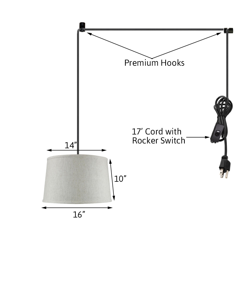 14W Plug-In Pendant Light with Textured Oatmeal Shade & Black Cord - Modern Swag Lighting for Bedroom, Kitchen, or Dining Room Decor