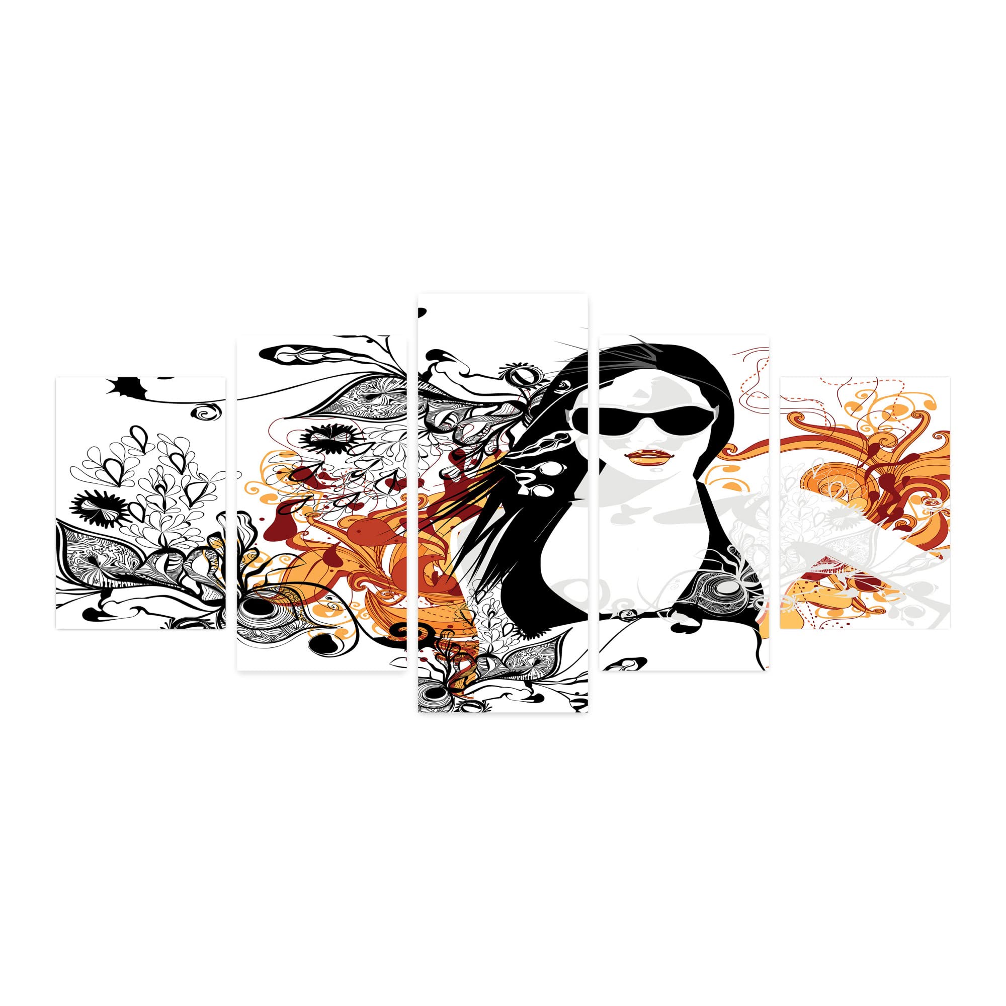 Ambesonne Feminine 5-Panel Acrylic Glass Wall Art Decor - Floral Party Girl with Glasses Design in Orange & Black - 60x30 Inches - Perfect for Living Room, Bedroom, Dorm Decor - Great Gift for Women, Housewarming & Birthday Parties
