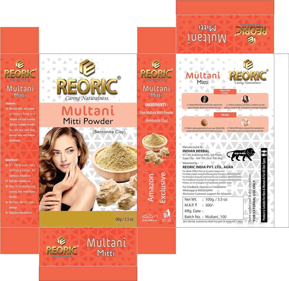 Reoric Activated Charcoal Powder & Multani Mitti Clay - 100% Pure Bentonite Clay Face Mask for Acne, Blackheads & Glowing Skin | Coconut Charcoal Detox Mask | Cosmetic Grade Skin Care (200g, Pack of 2) - Perfect for DIY Spa, Deep Cleansing & Skin Detox at Home