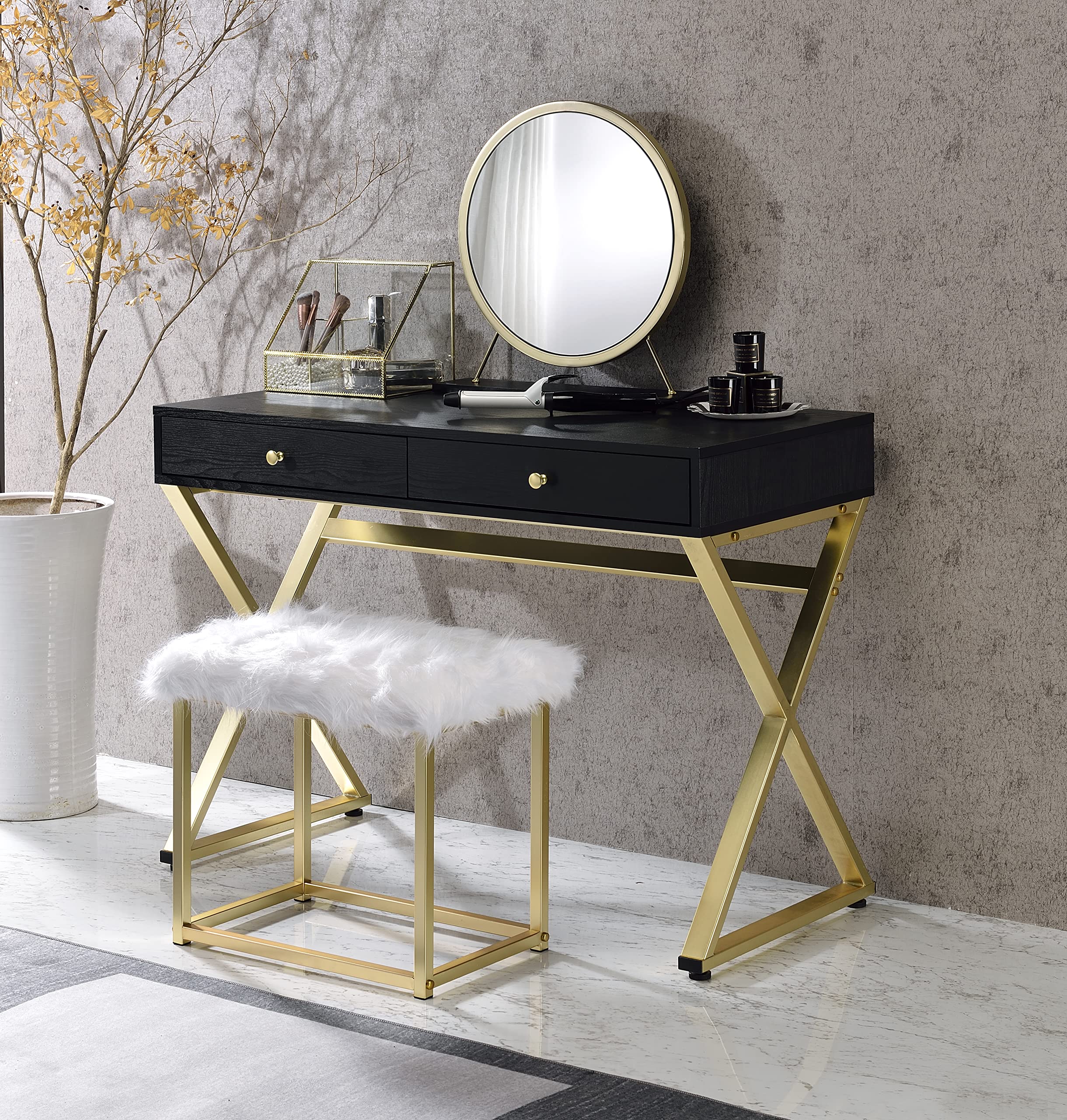 Vanity Mirror with Stool - Faux Fur Seat, Black & Brass Finish for Makeup & Dressing Table | Perfect for Bedroom, Bathroom & Beauty Salon