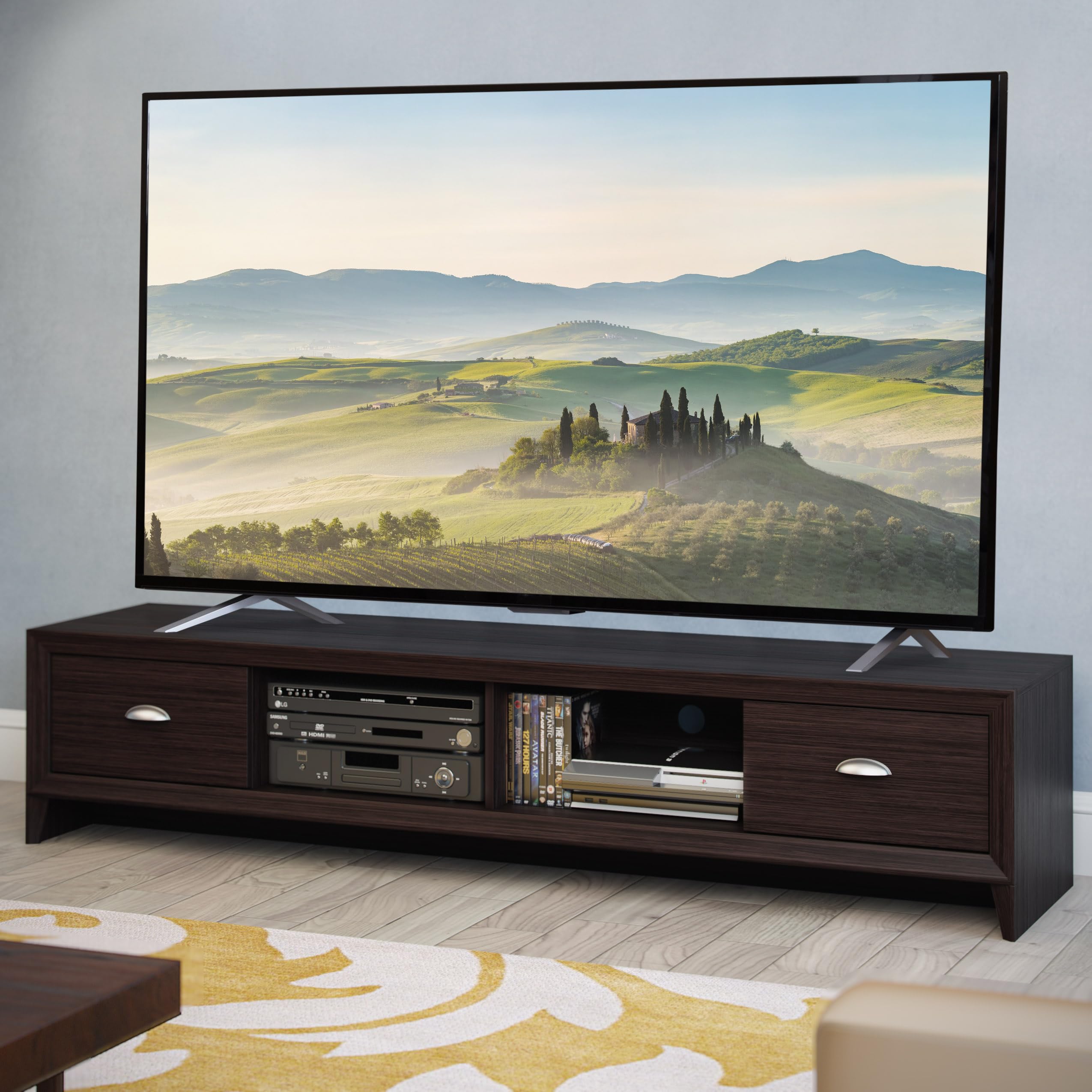 CorLiving Lakewood Modern Dark Brown Engineered Wood TV Stand with 2 Drawers & Storage for TVs up to 85