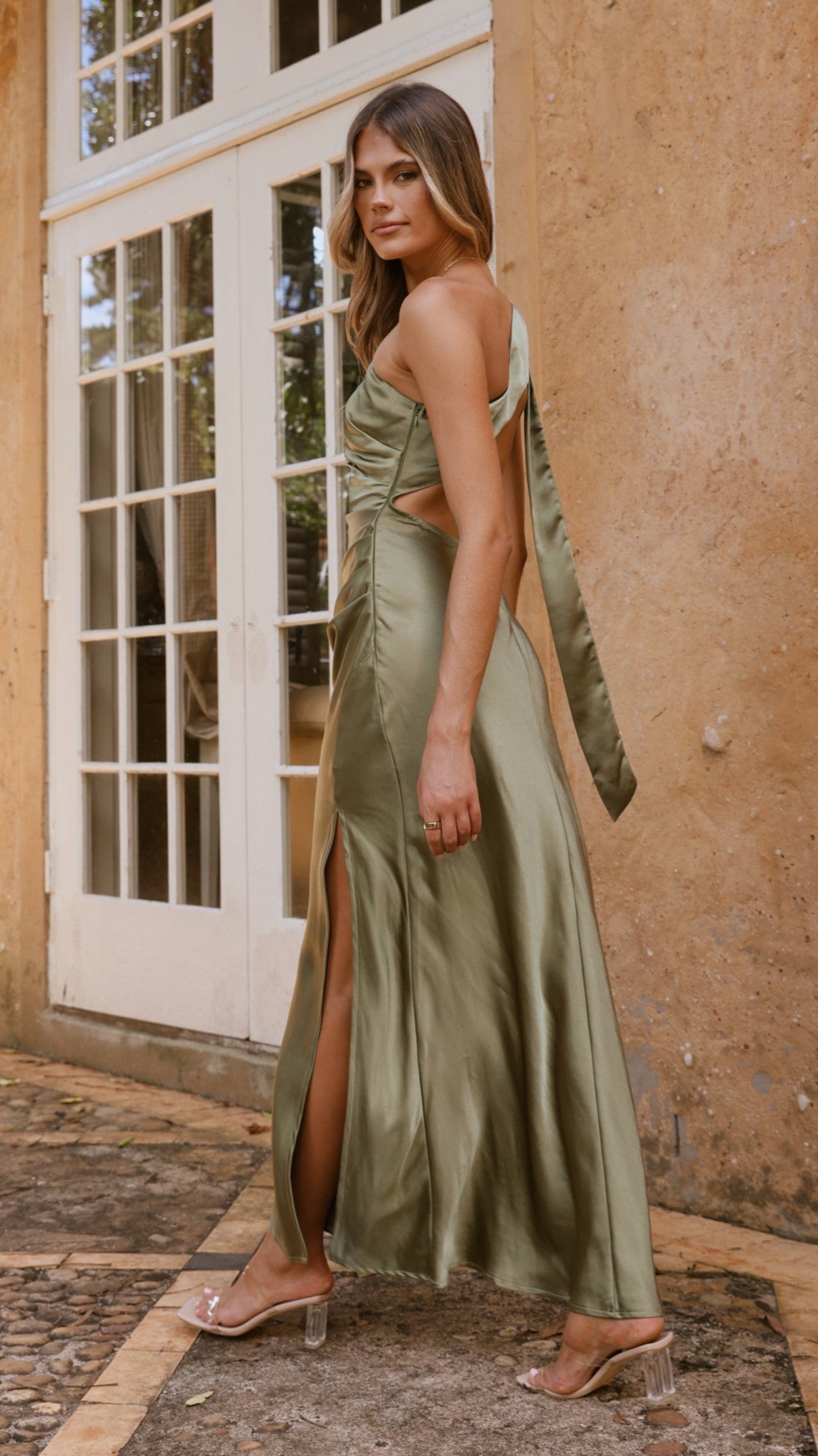 Elegant One Shoulder Maxi Dress in Olive Green - Perfect for Beach Weddings, Summer Parties & Evening Events