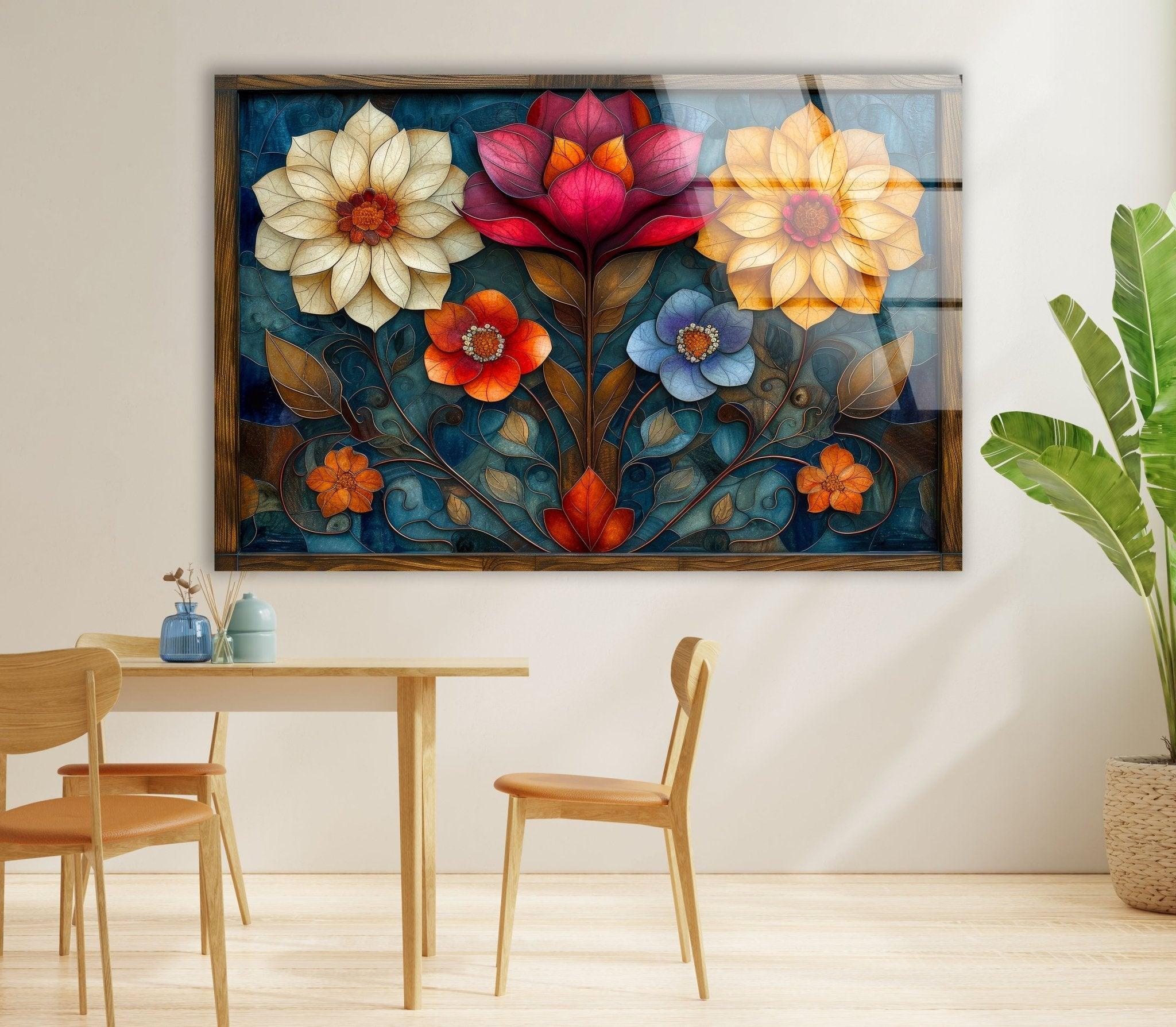 Art Nouveau Flowers Glass Wall Art - Handmade Stained Glass Decor for Home & Office - Perfect for Living Room, Bedroom, or Gift