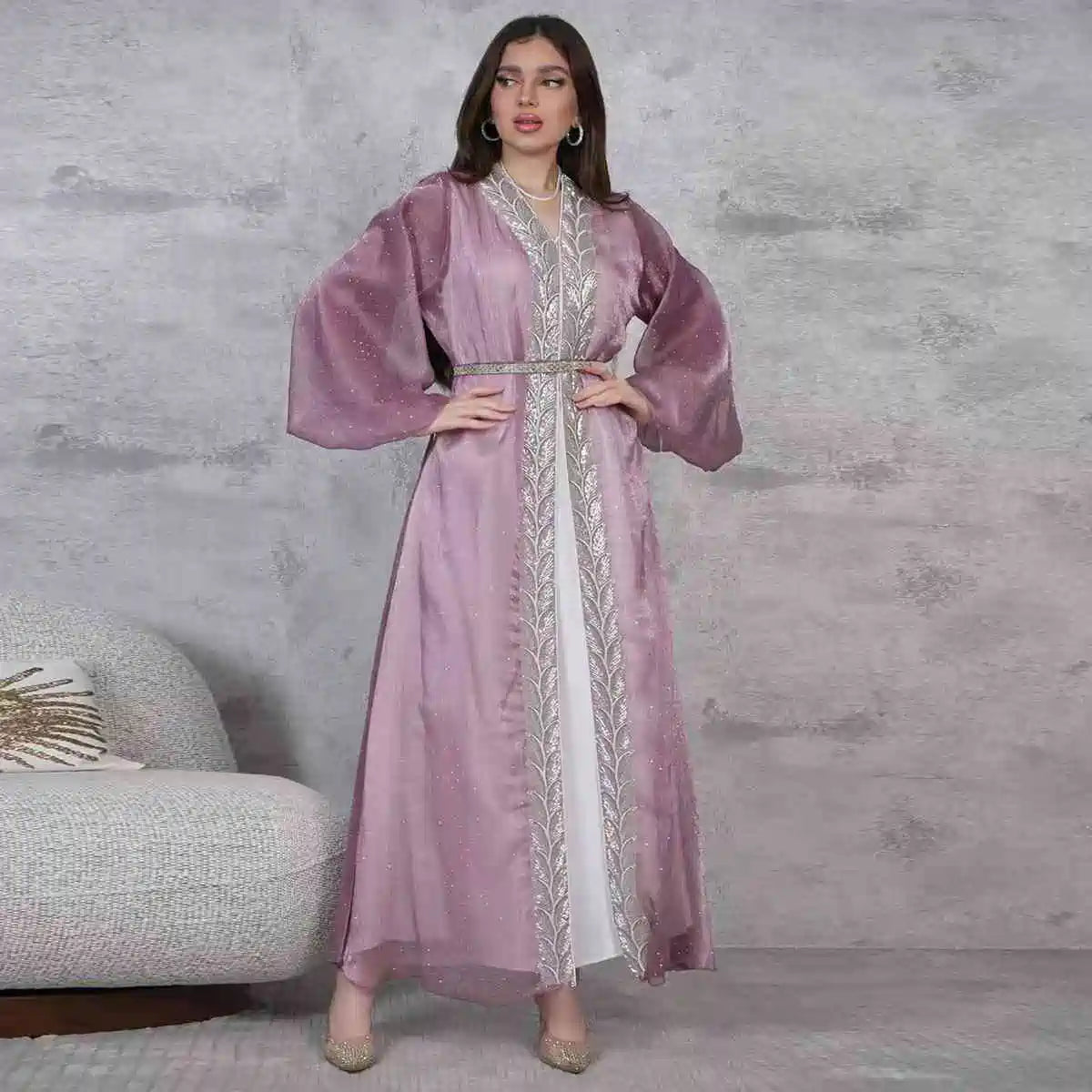 2-Piece Hotfix Rhinestone Caftan Dress Set with Inner Sleeveless Dress #25453 - Elegant Beach Cover Up, Evening Gown & Summer Party Wear for Women