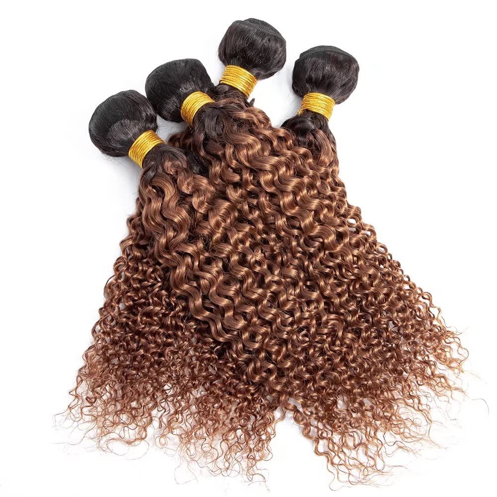 FEEL ME Ombre 1B/30 Brazilian Kinky Curly Human Hair Bundles - 8A Grade Unprocessed Virgin Hair Extensions (16 18 20 Inch) - Black to Brown Ombre Weave for Natural Look & Styling | Perfect for Daily Wear, Parties & Special Occasions