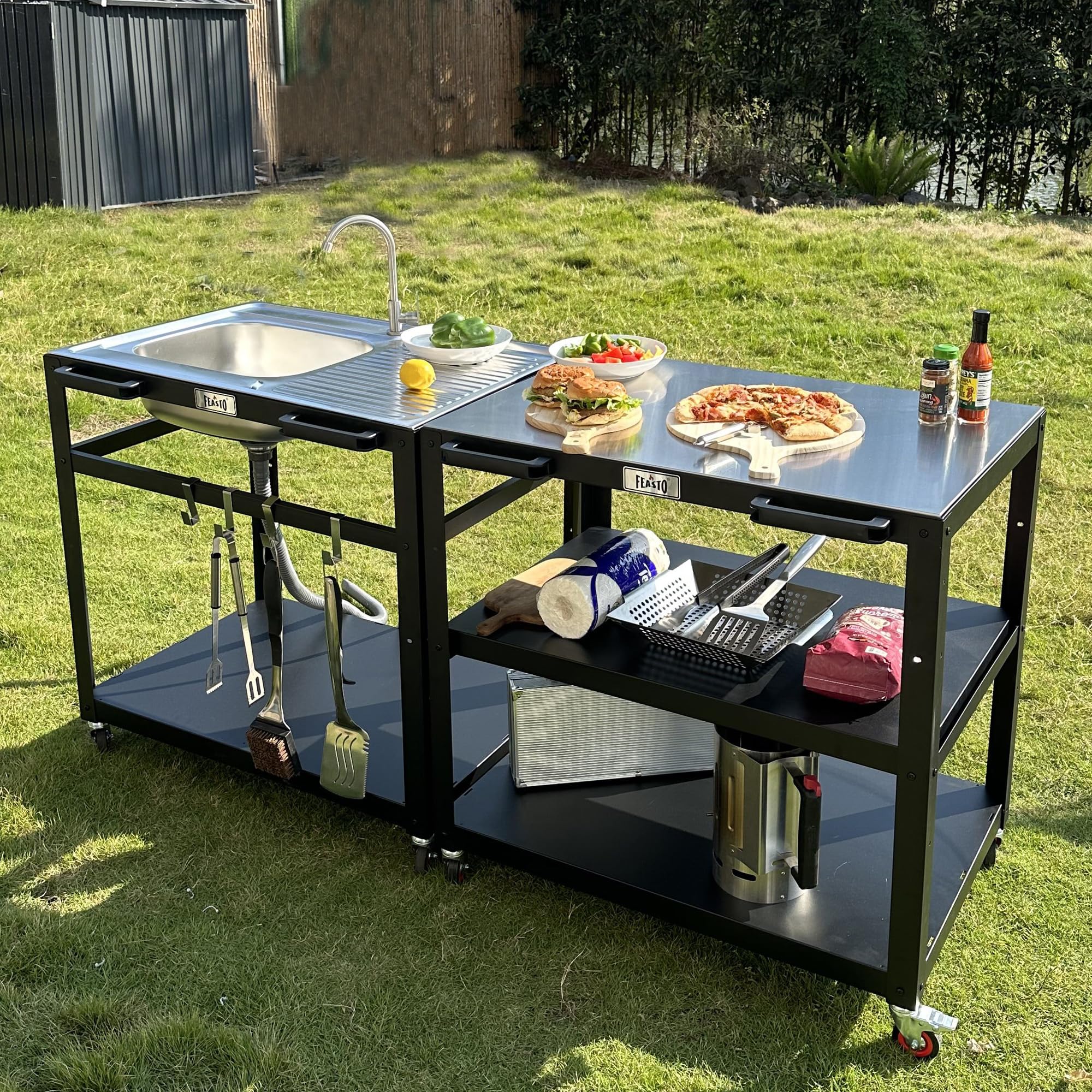 Stainless Steel 3-Tier Outdoor Grill Cart with Sink - Heavy Duty BBQ Prep Table with Wheels for Patio, Backyard, Camping & Tailgating | Perfect for Grilling, Food Prep & Outdoor Cooking