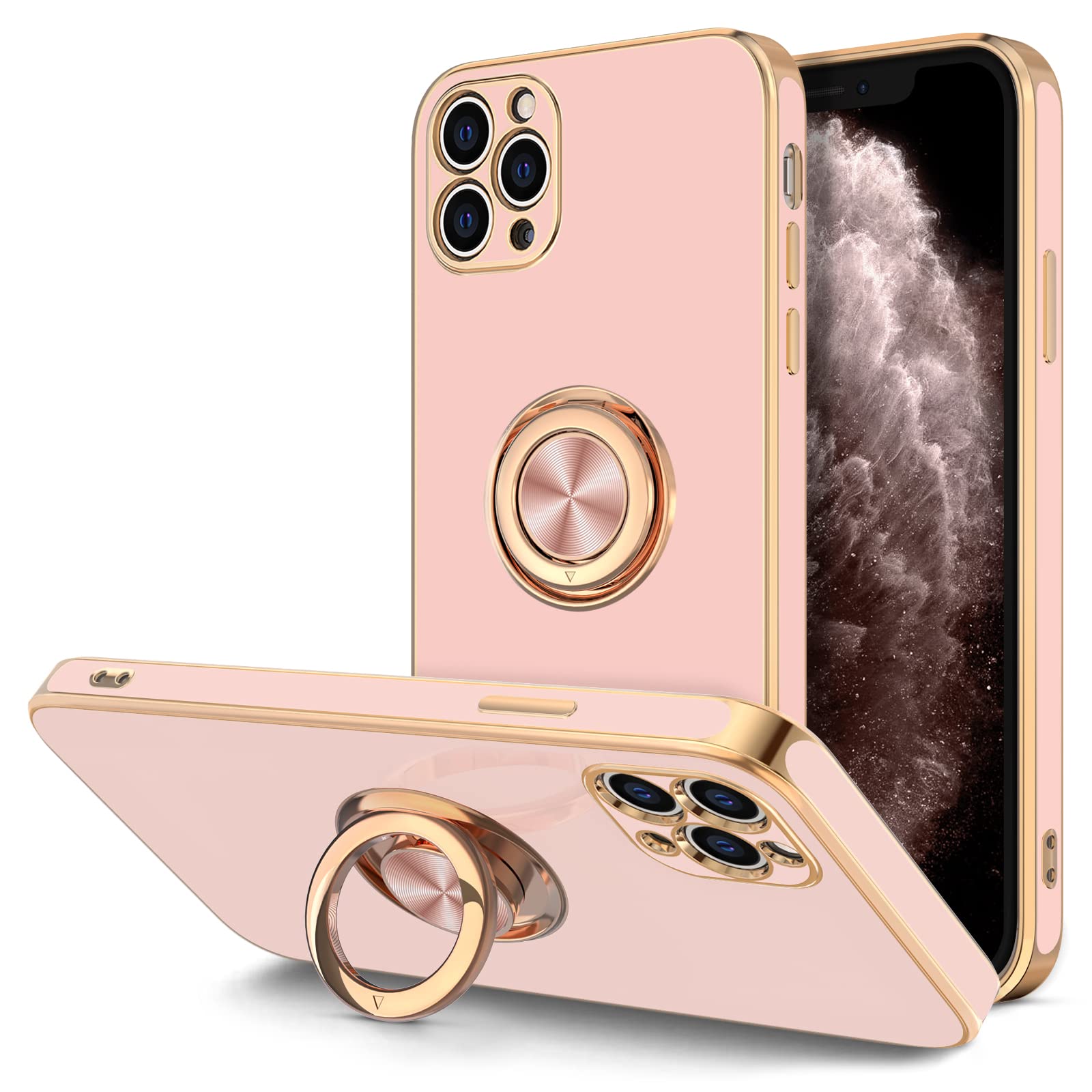 Hython Magnetic Ring Stand Case for iPhone 11 Pro Max - 360° Rotatable Kickstand, Rose Gold Plated Edge, Soft TPU Protective Cover (Pink) - Perfect for Women & Girls - Ideal for Hands-Free Viewing, Workouts, and Daily Protection