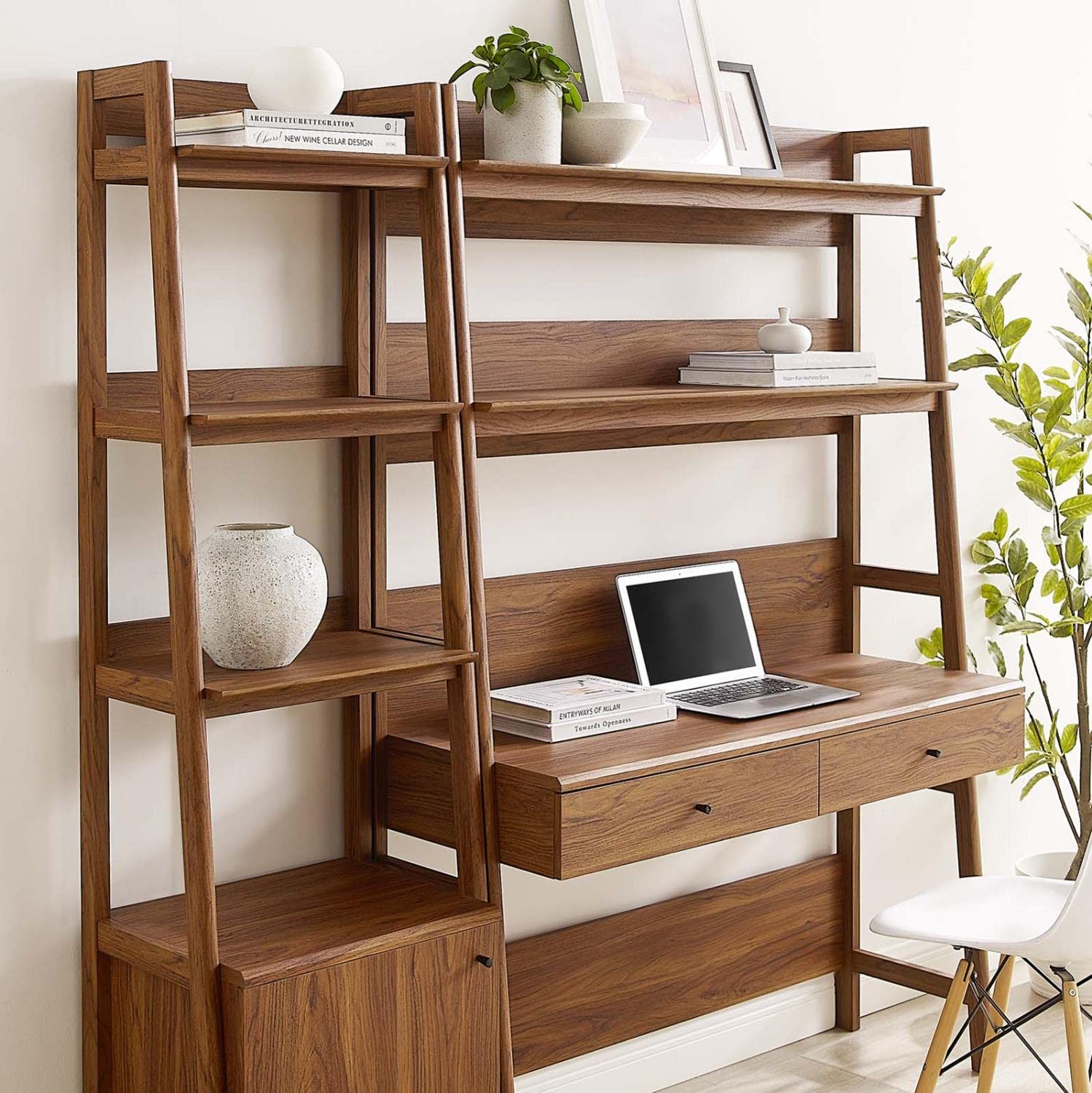 Modway 2-Piece Walnut Home Office Desk with Bookshelf Display Case - Perfect for Small Spaces, Work from Home & Study Room Organization