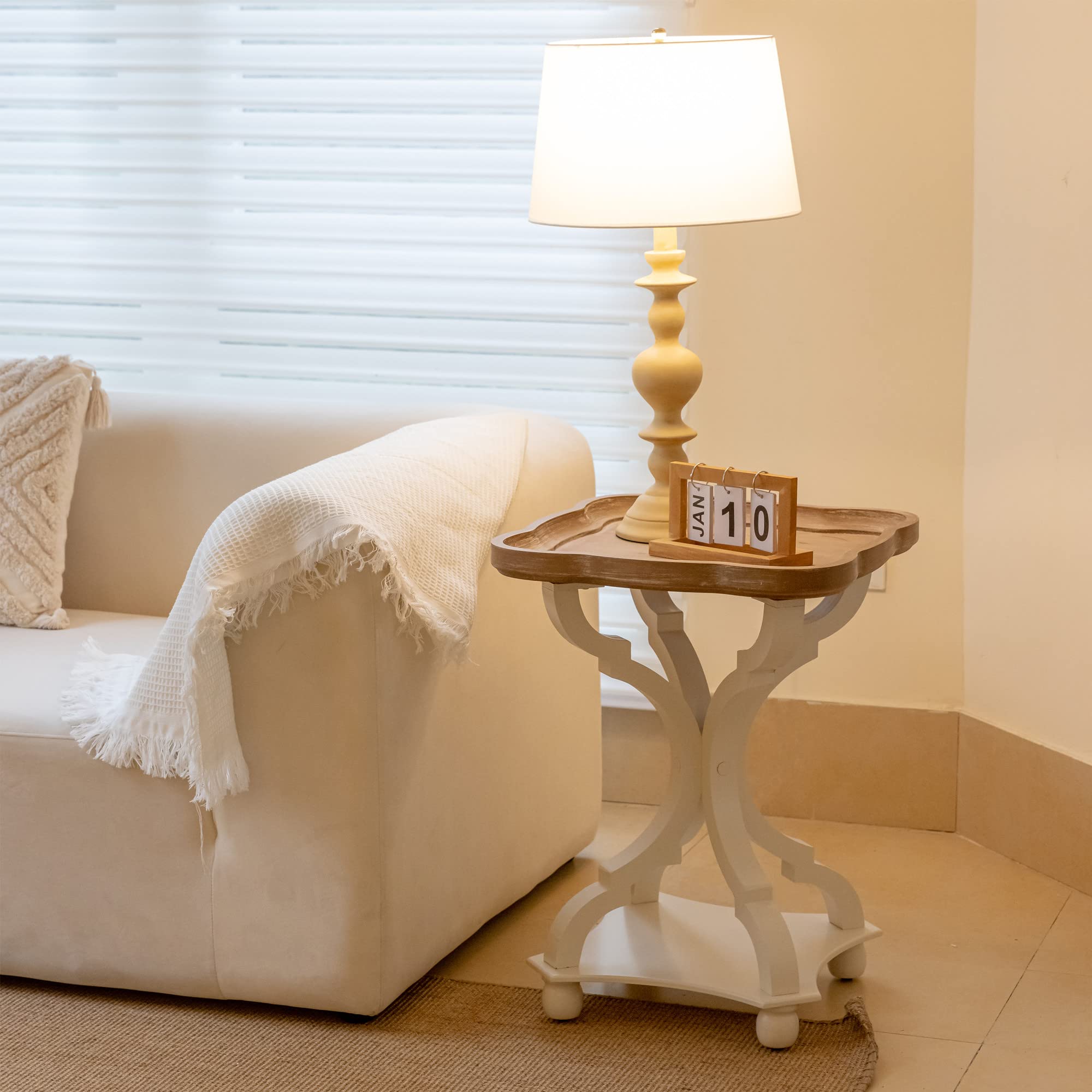 LONYKE Farmhouse End Table - Rustic Accent Side Table with Natural Tray Top, Handcrafted Finish, Modern White Nightstand for Living Room, Bedroom, or Dining Room - Perfect for Cozy Family Spaces