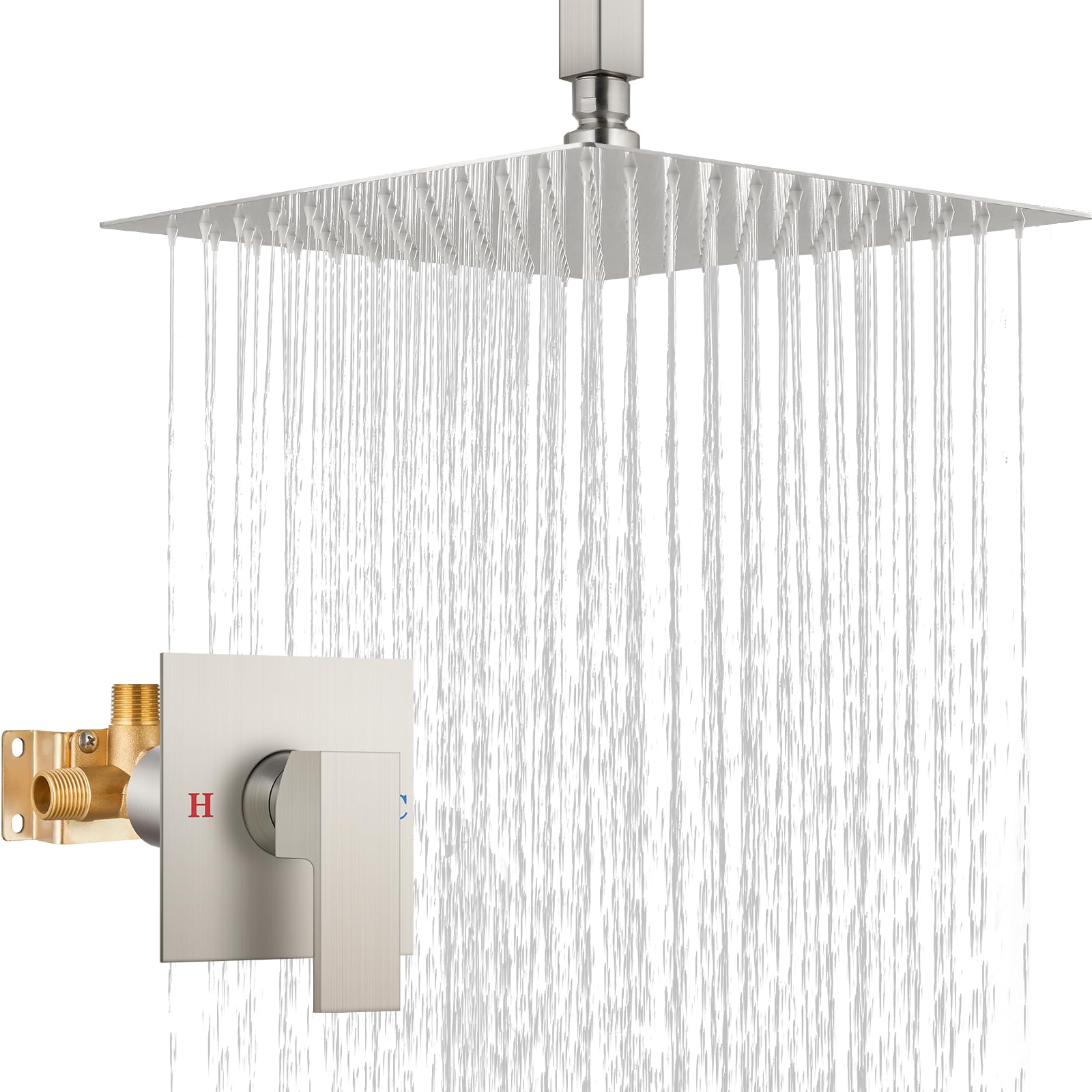 Airuida Brushed Nickel 12 Inch Square Rainfall Shower System - Single Function Ceiling Mount Shower Faucet Set with Male Threads & Rough-in Valve | Perfect for Modern Bathroom Renovations & Spa-Like Shower Experience