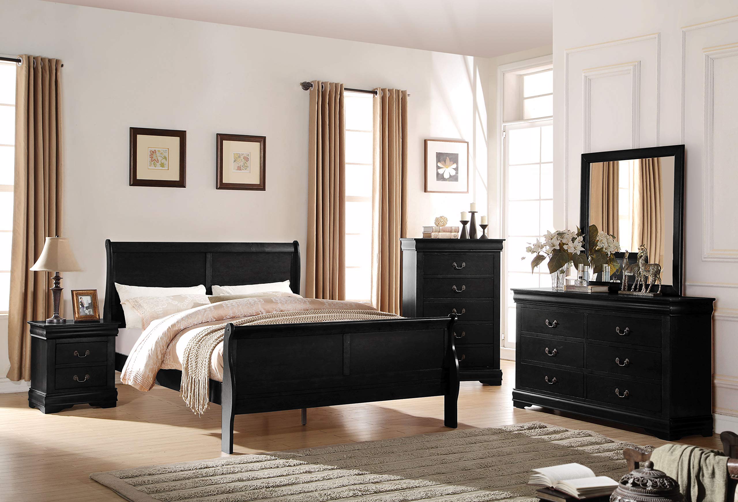 6-Piece Queen Bedroom Set - Black Bed Frame, Dresser, Chest, 2 Nightstands & Mirror | Complete Furniture Suite for Master Bedroom or Guest Room Decor