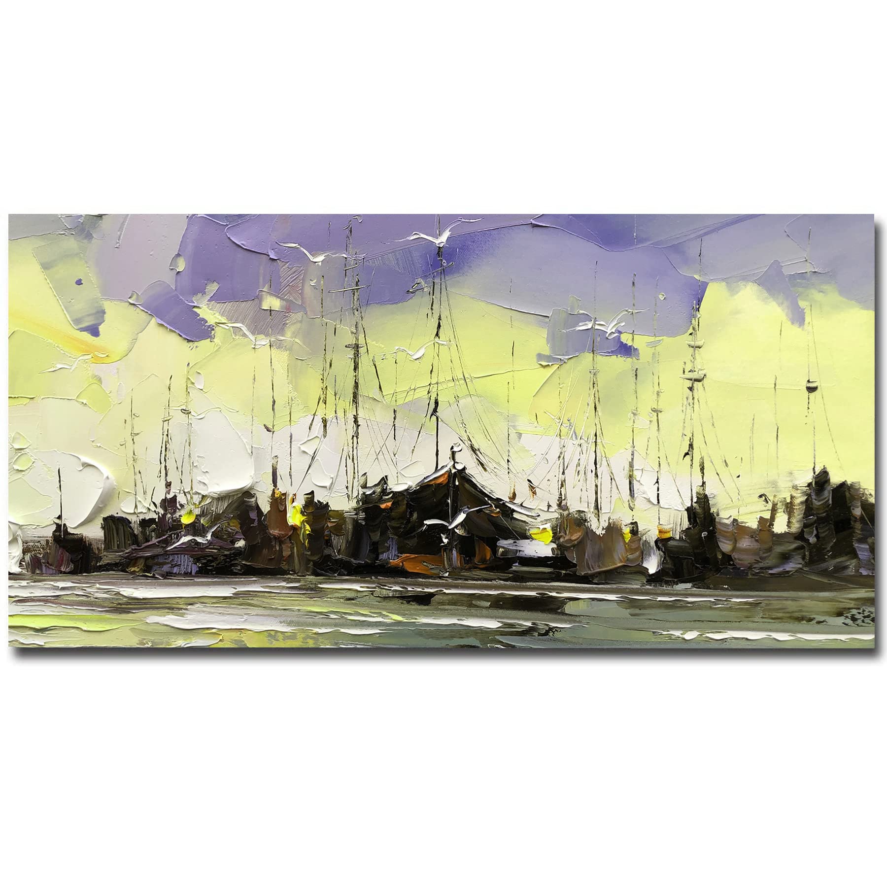 Hand-Painted Original Oil Painting on Canvas - Beach Boat Bathroom Wall Art - Modern Abstract Spring Decor - 64x32 Inch Unframed - Perfect for Living Room, Bedroom, Office & Gift Giving