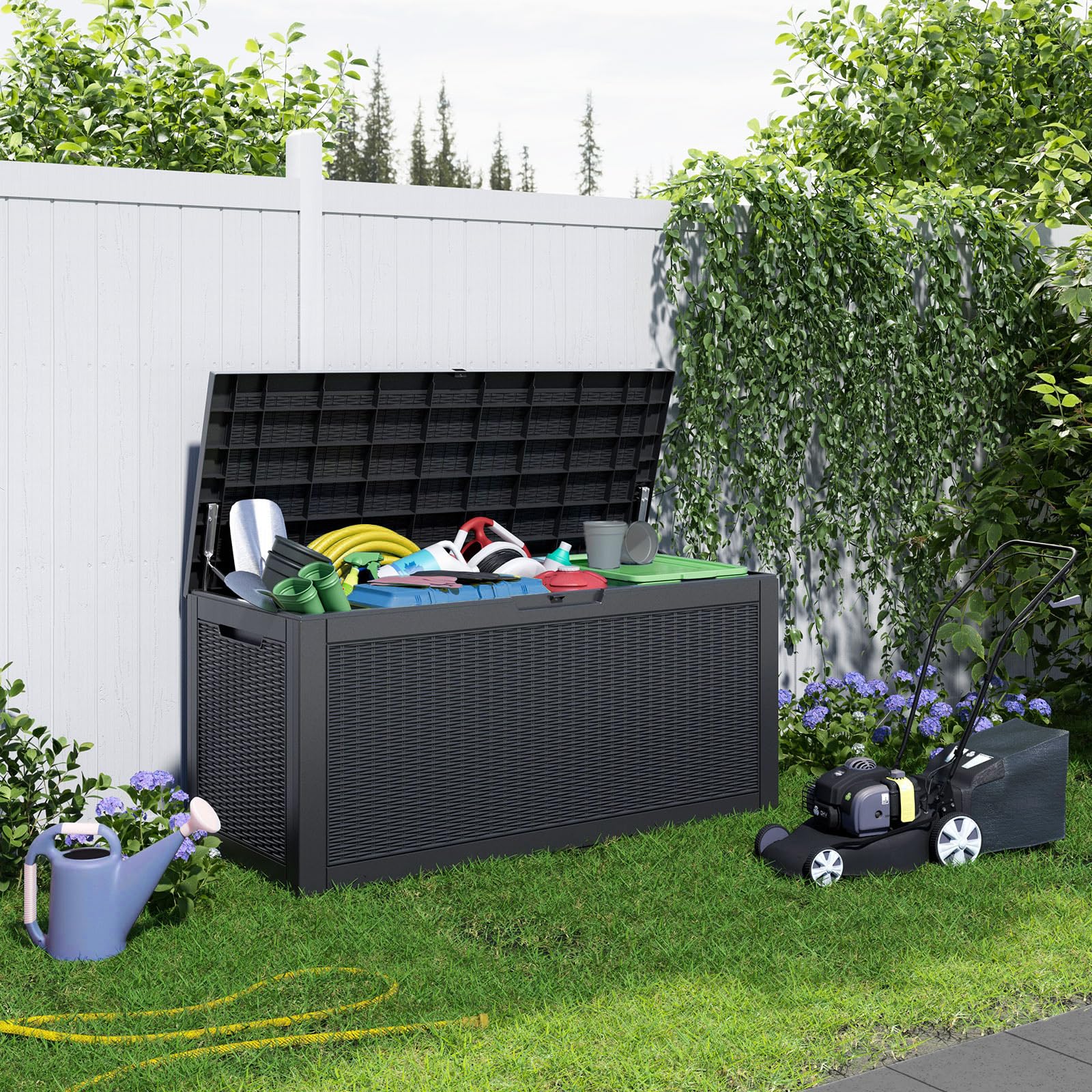 DRATO 100 Gallon Large Outdoor Deck Box - Waterproof Resin Storage Container for Patio Furniture, Cushions, Gardening Tools & Pool Supplies - 660lbs Weight Capacity - Perfect for Backyard, Deck & Poolside Organization