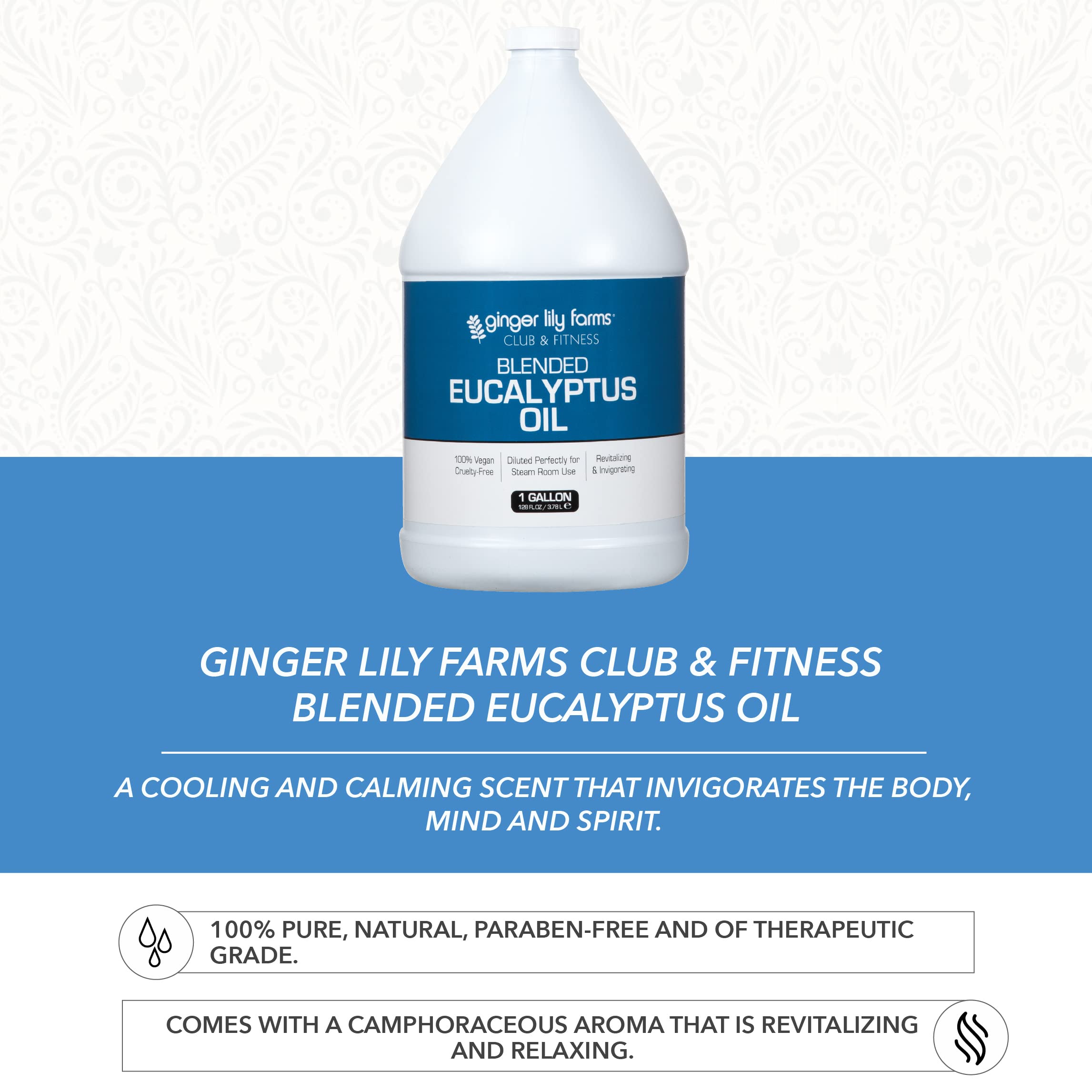 Ginger Lily Farms Club & Fitness Blended Eucalyptus Essential Oil - 100% Pure, Vegan & Cruelty-Free - 1 Gallon (128 fl oz) Refill for Steam Rooms, Saunas, Aromatherapy & Massage