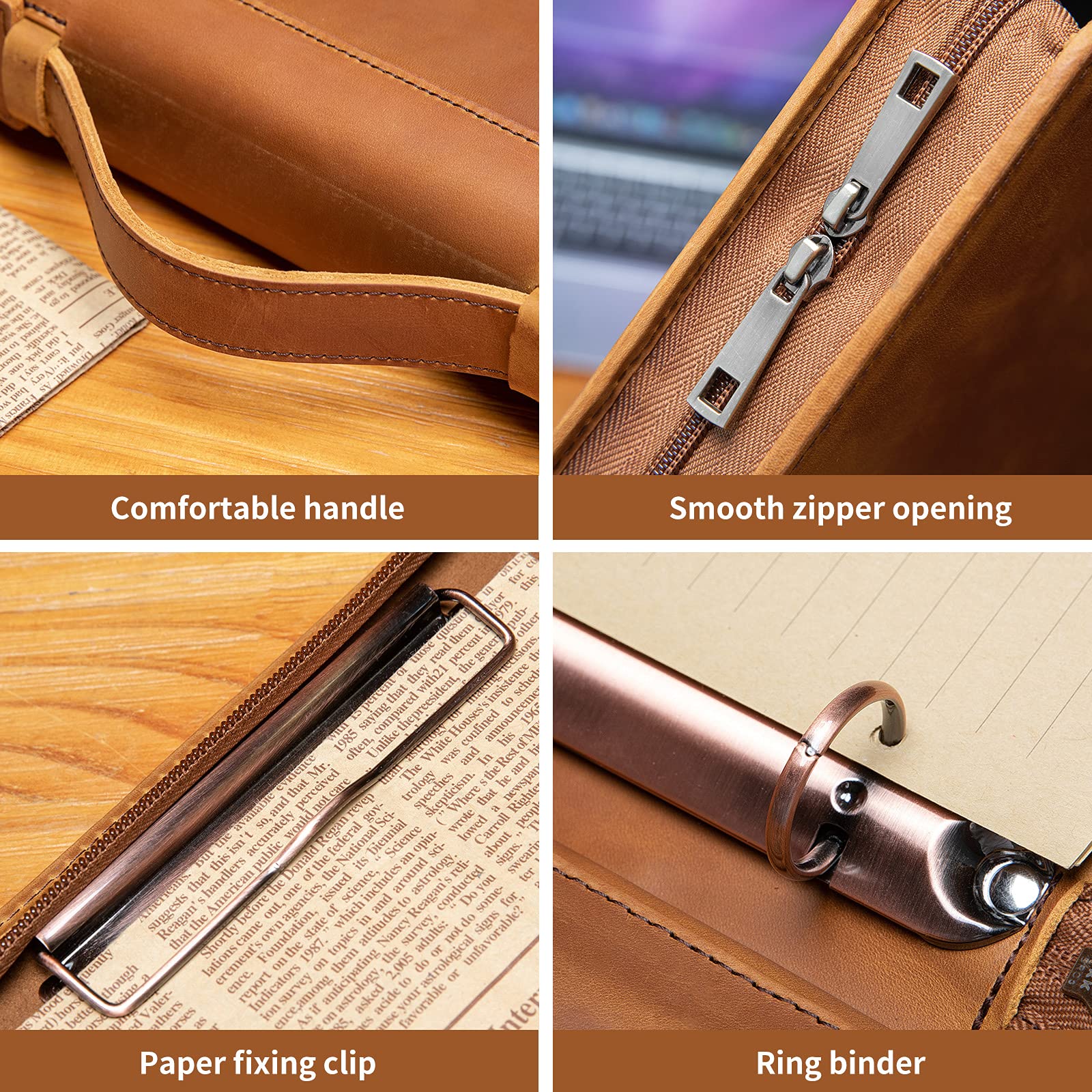 YIWEN Handmade Genuine Leather Portfolio - Professional Zippered Padfolio with 3-Ring Binder & Tablet Pocket | Business Organizer, Resume Folder, Notebook Holder | Custom Engraved Brown Leather | Perfect for Office, Meetings & Job Interviews
