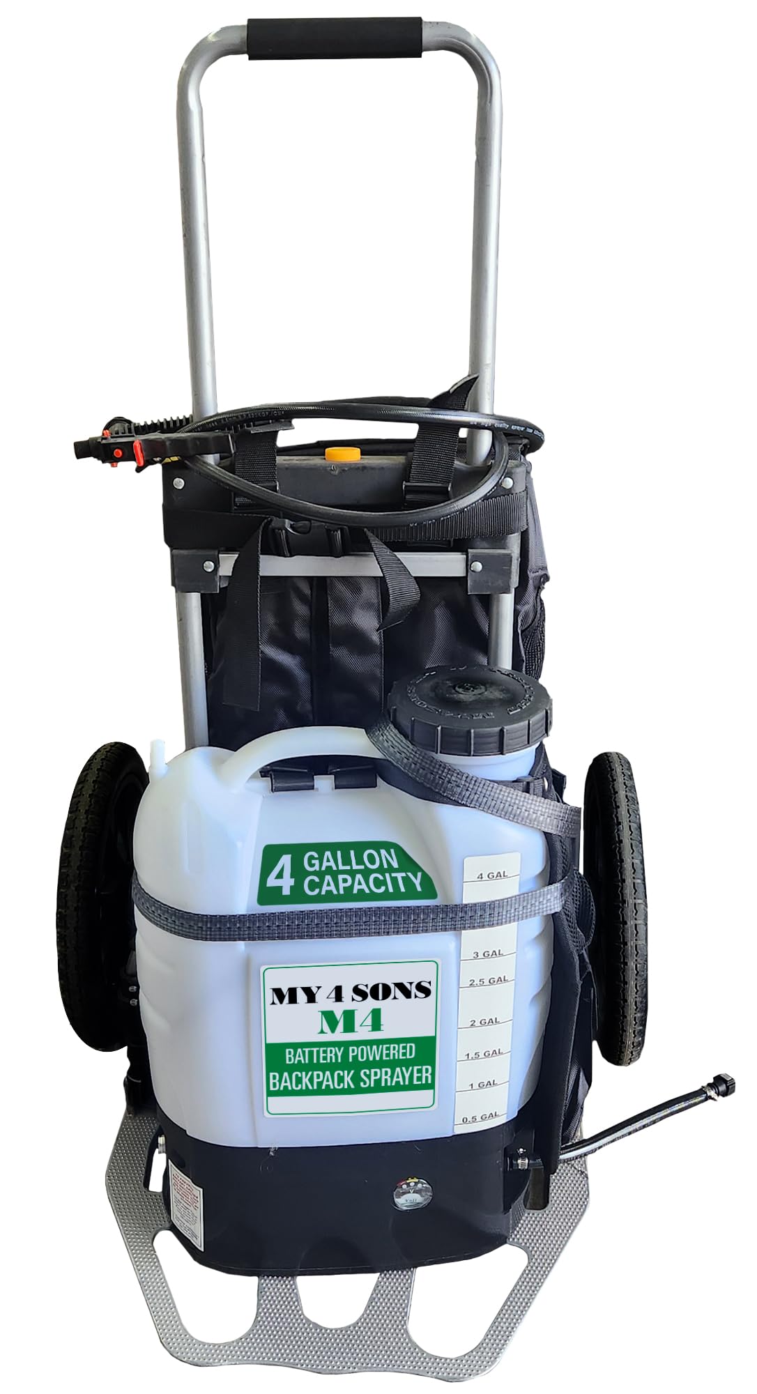 MY4SONS M4 4-Gallon Backpack Sprayer - Cordless Garden Sprayer for Plants, Lawn & Yard Care - Adjustable Nozzle, Heavy Duty Pressure Sprayer with 15ft Hose & 7-inch Wheel Cart - Perfect for Gardening, Pest Control & Cleaning
