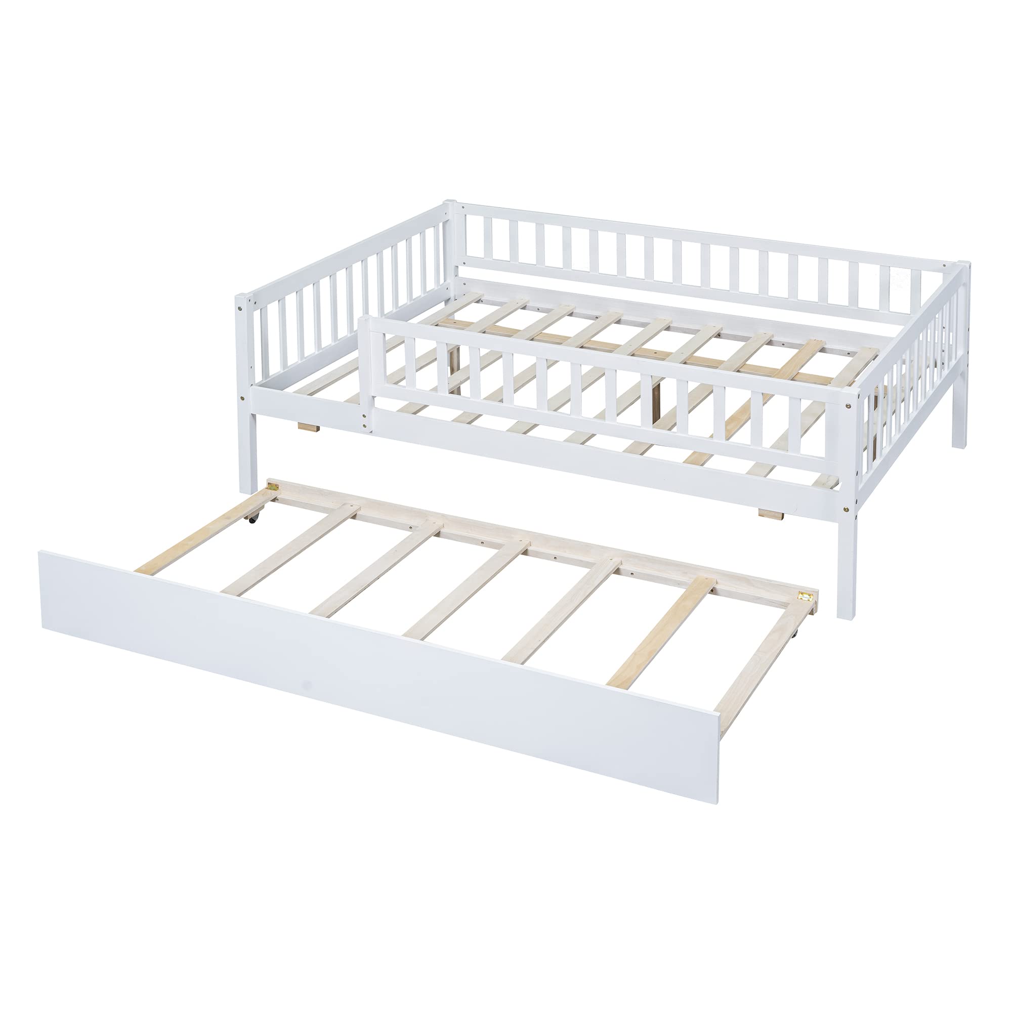 DEINPPA Full Size Wooden Daybed with Trundle - Twin Kids Bed Frame with Safety Guardrails for Boys, Girls, Toddlers & Children - White | Perfect for Nursery, Playroom & Small Bedroom Spaces