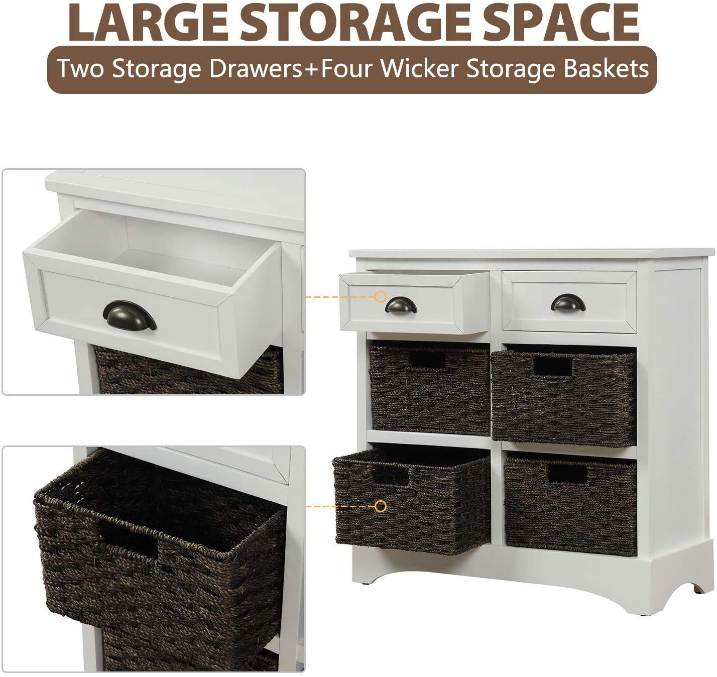 Modern Storage Chest Cabinet with 2 Wood Drawers & 4 Wicker Baskets - Entryway Organizer, Living Room Storage Solution for Home Decor