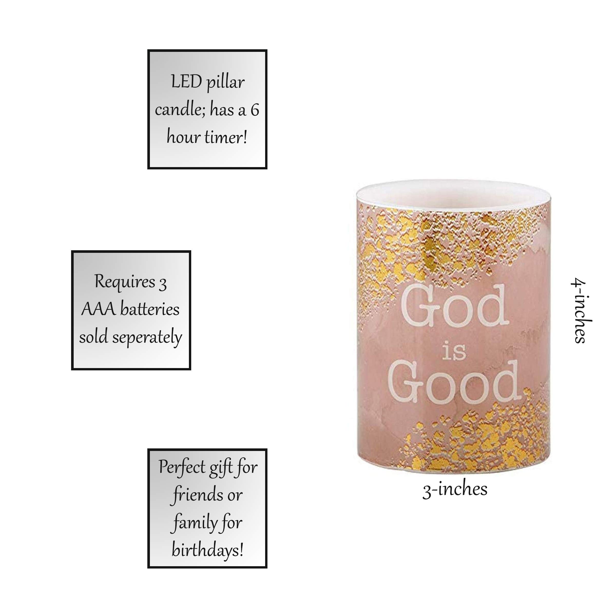 Faithworks Inspirational LED Pillar Candle with Timer - 3x4 Inch God is Good Religious Flameless Candle for Prayer, Meditation & Home Decor