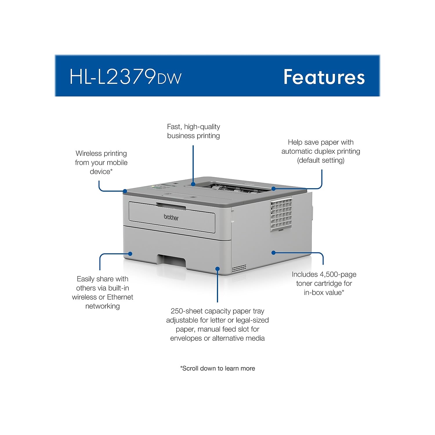 Brother HL-L2379DW Wireless Monochrome Laser Printer with Duplex Printing | Fast 36ppm | High Yield Toner | Works with Mac/PC | Ideal for Home Office & Small Business Printing Needs