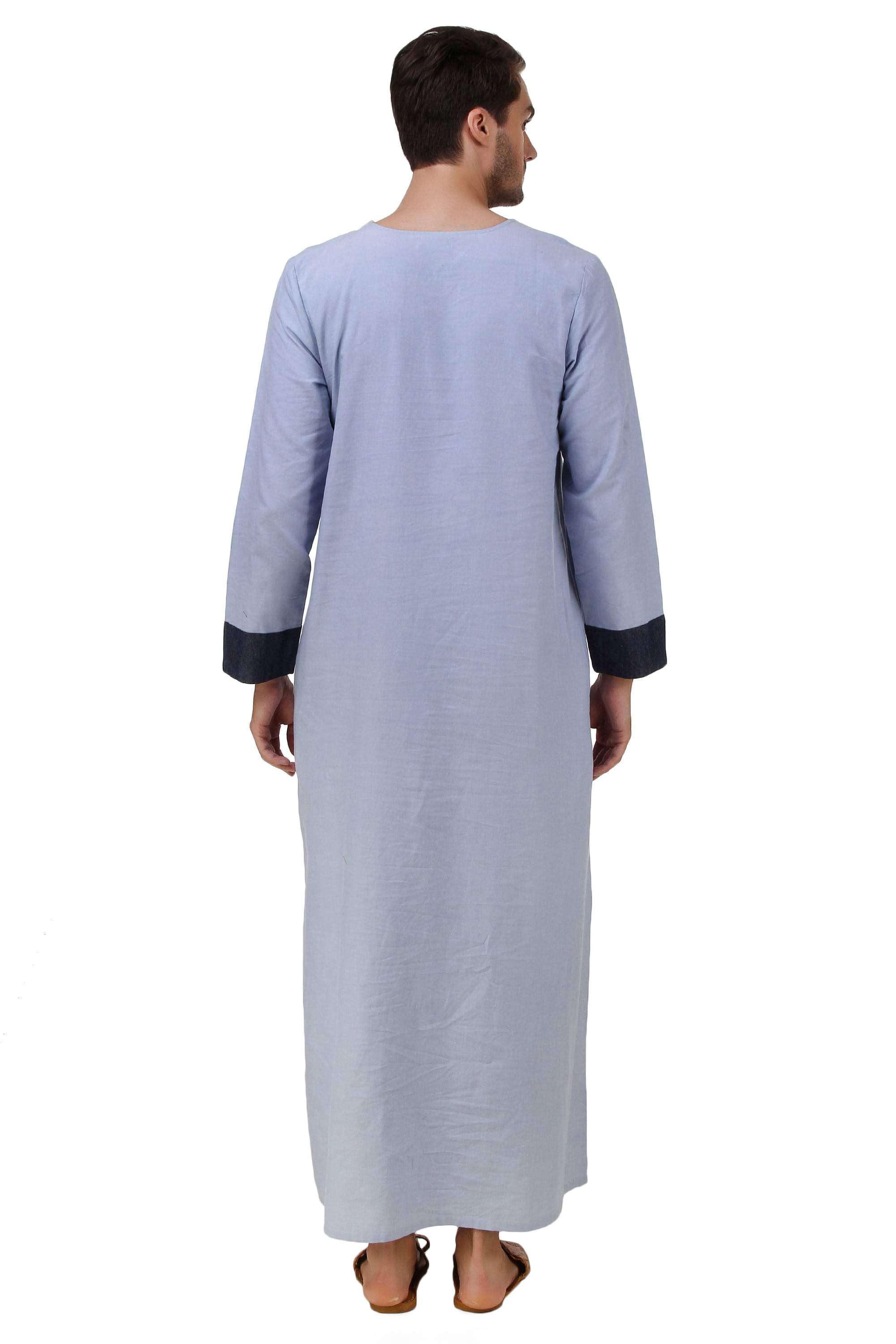 Farhan Blue Chambray Galabiyya - Traditional Arabic Robe for Men - Comfortable Loungewear & Prayer Outfit - Perfect for Eid, Ramadan & Home Relaxation