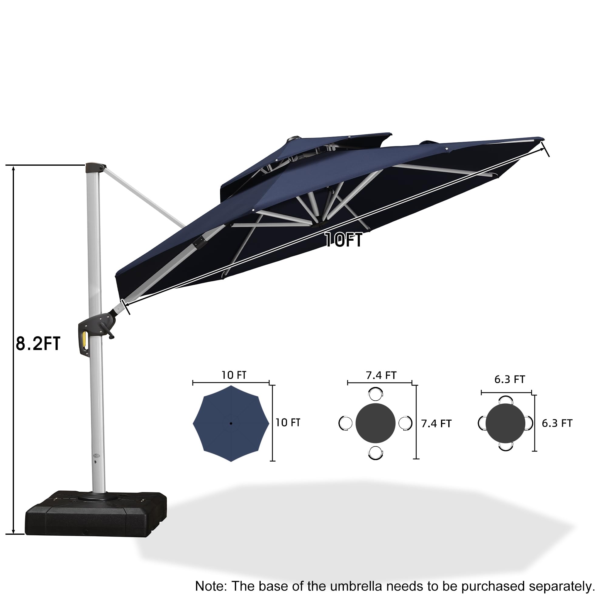 PURPLE LEAF 10ft Outdoor Cantilever Umbrella - Windproof Large Round Patio Sun Shade for Garden, Deck, Pool & Backyard - Heavy Duty Offset Umbrella in Navy Blue | Perfect for Outdoor Dining, Lounging and Summer Relaxation