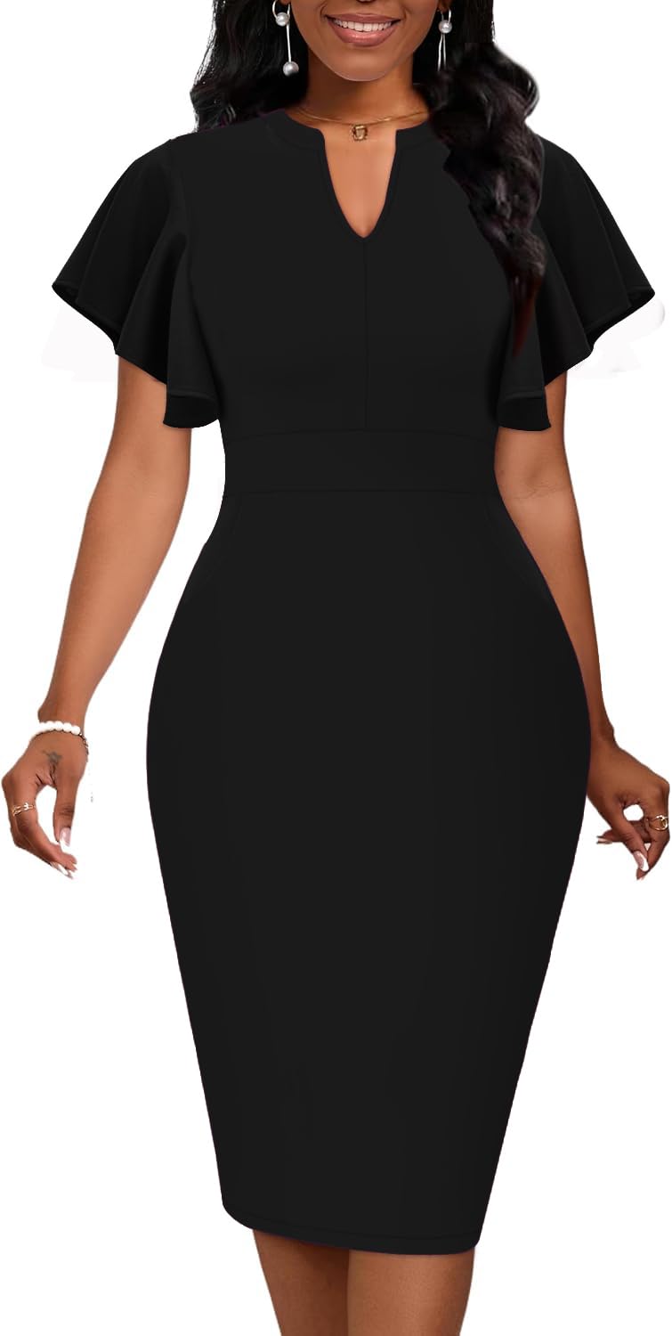 Mokayee Women's Short Sleeve V-Neck Business Casual Dress with Pockets - Semi Formal Office Work & Wedding Guest Attire for Summer