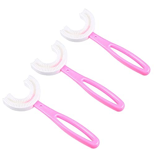 3-Pack U-Shaped Toothbrushes for Kids Ages 6-12 - Food Grade Silicone & PP 360° Cleaning Manual Toothbrushes (Pink) - Gentle Dental Care for Children's Oral Hygiene at Home or Travel