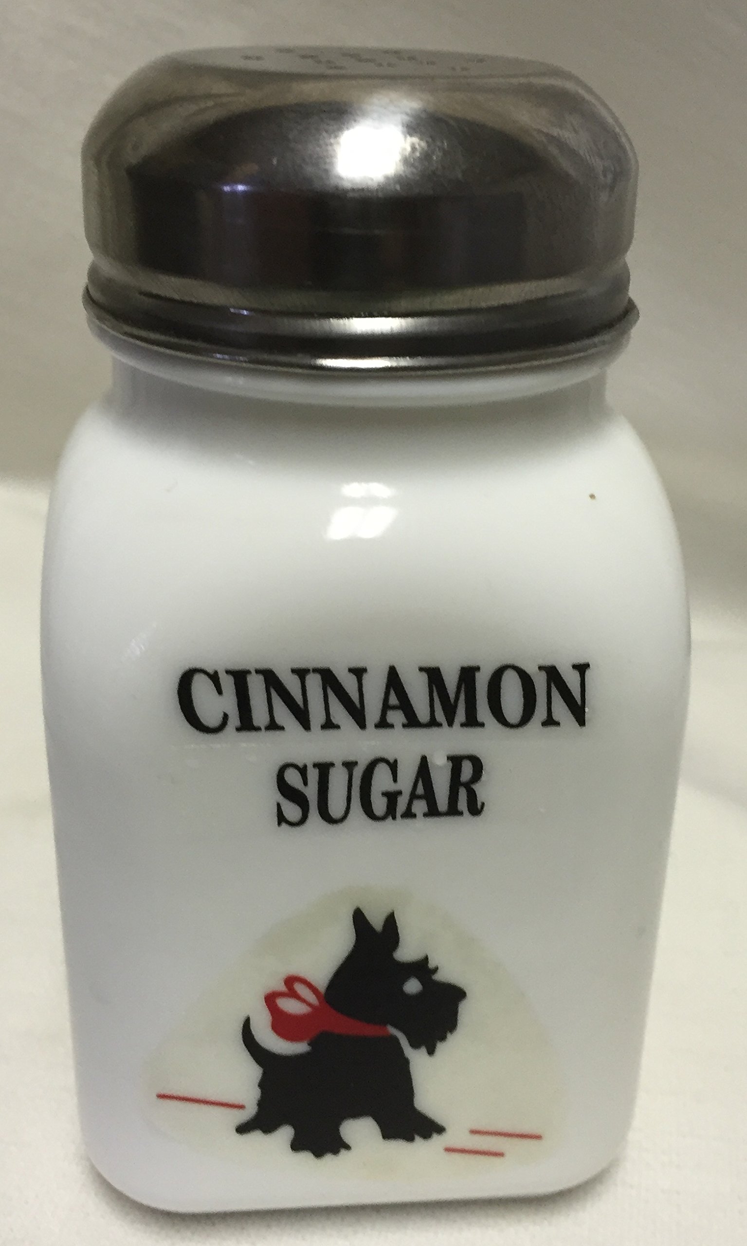 Square Stove Top Spice Shaker Jar with Red Bow Scottie Dog Design - Mosser Rosso USA Made Milk Glass Container for Cinnamon Sugar - Perfect for Kitchen Countertop, Baking & Coffee Station Decor