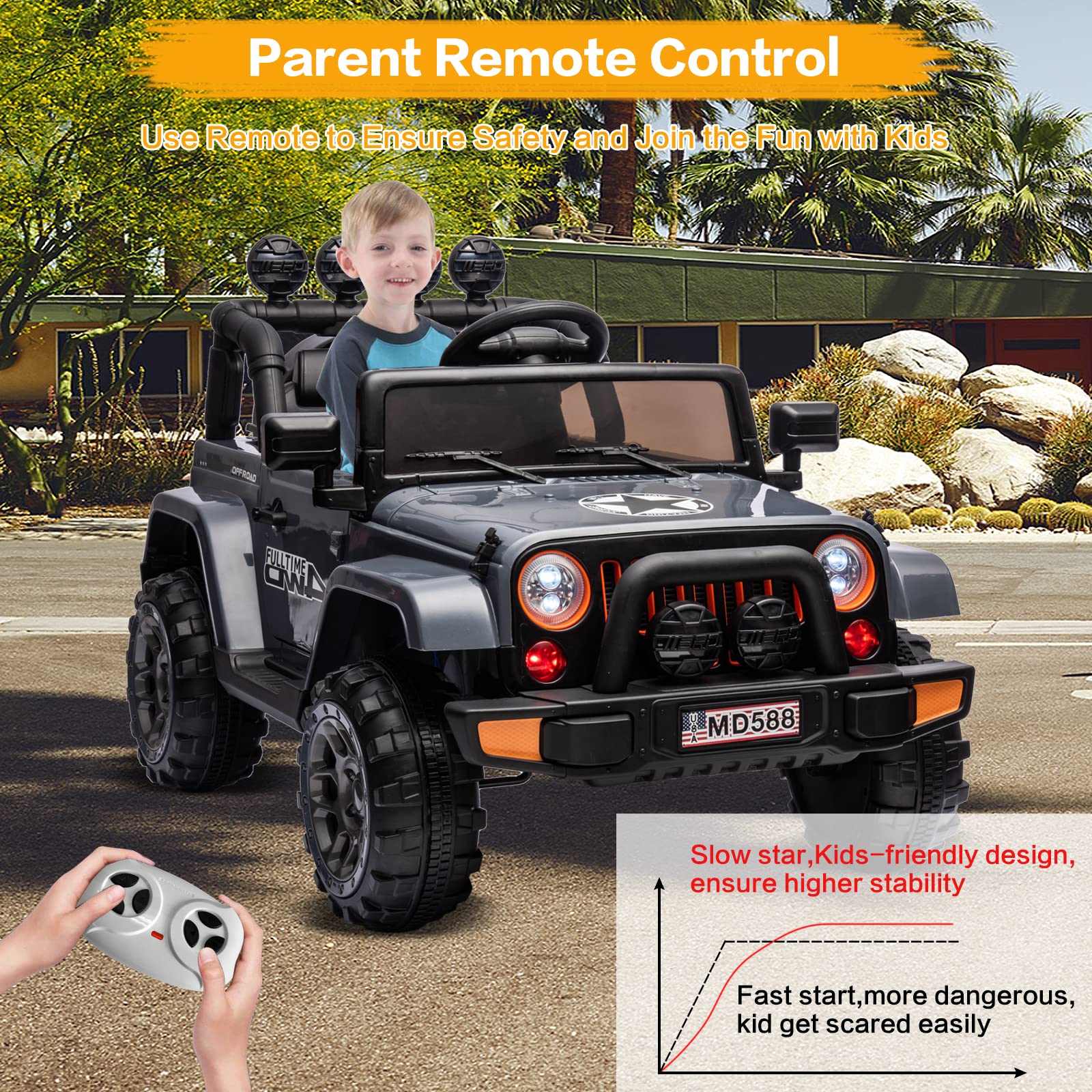 IKON MOTORSPORTS 12V Kids Electric Ride-On Car with Parental Remote Control, DIY Stickers, 2 Motors & LED Lights - Full Function Doors, Music Player in Gunmetal Gray - Perfect for Outdoor Play & Birthday Gifts for Toddlers Ages 3-8 Years Old