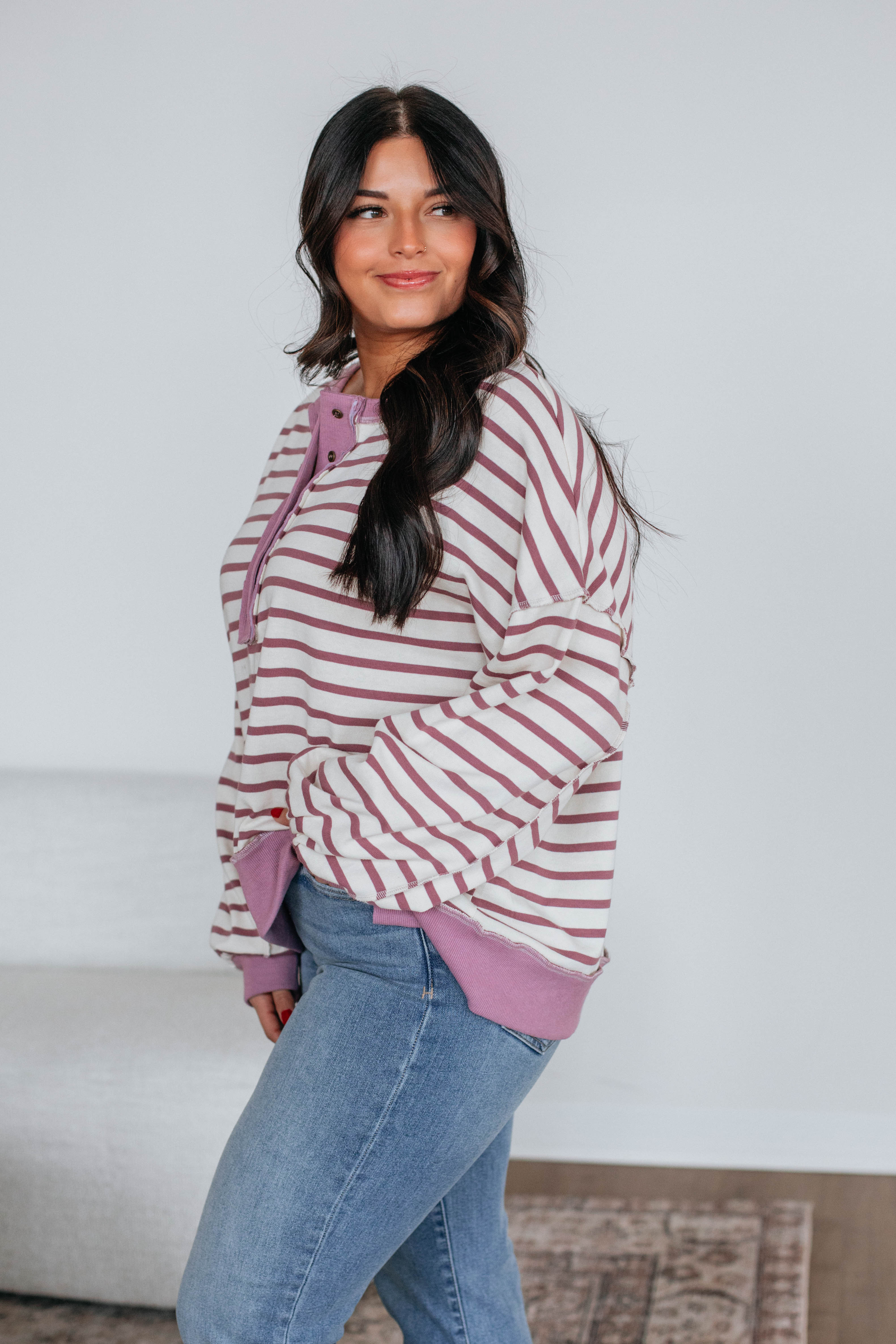 Maggey Striped Pullover Sweater - Dusty Orchid Color | Cozy Casual Wear for Women | Perfect for Fall & Winter Outfits
