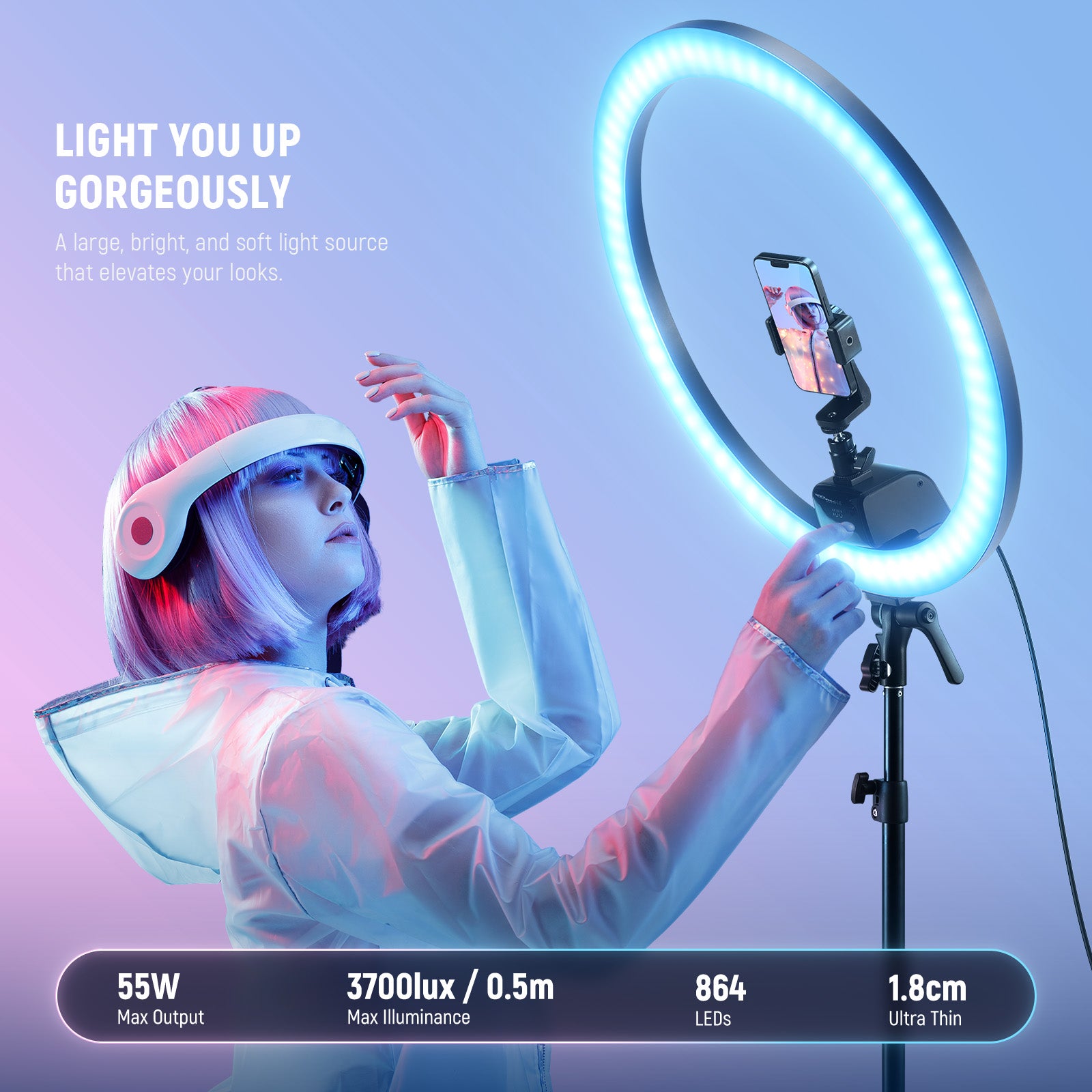 NEEWER SRP18C RGB LED Ring Light Kit with App Control, 2500K-10000K Adjustable Color Temperature - Perfect for YouTube Videos, TikTok Live Streaming, Photography & Makeup Studio Lighting